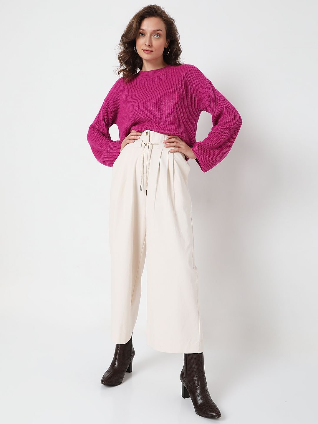 Beige High Rise Pleated Pants