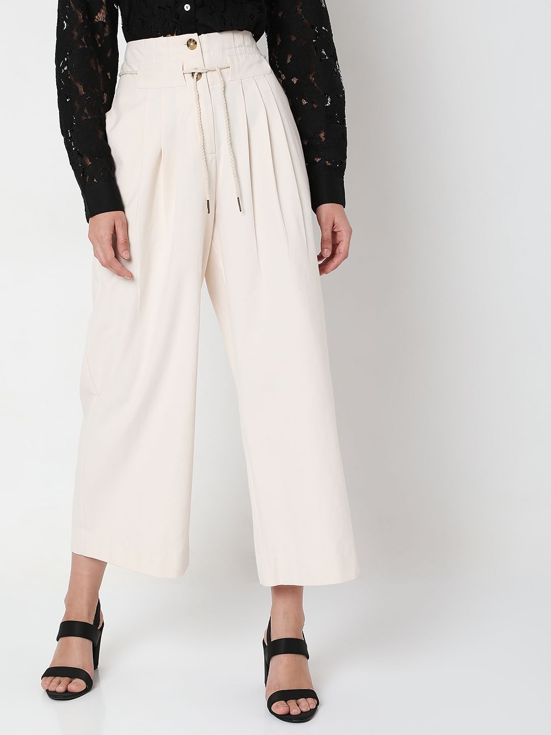 Beige High Rise Pleated Pants