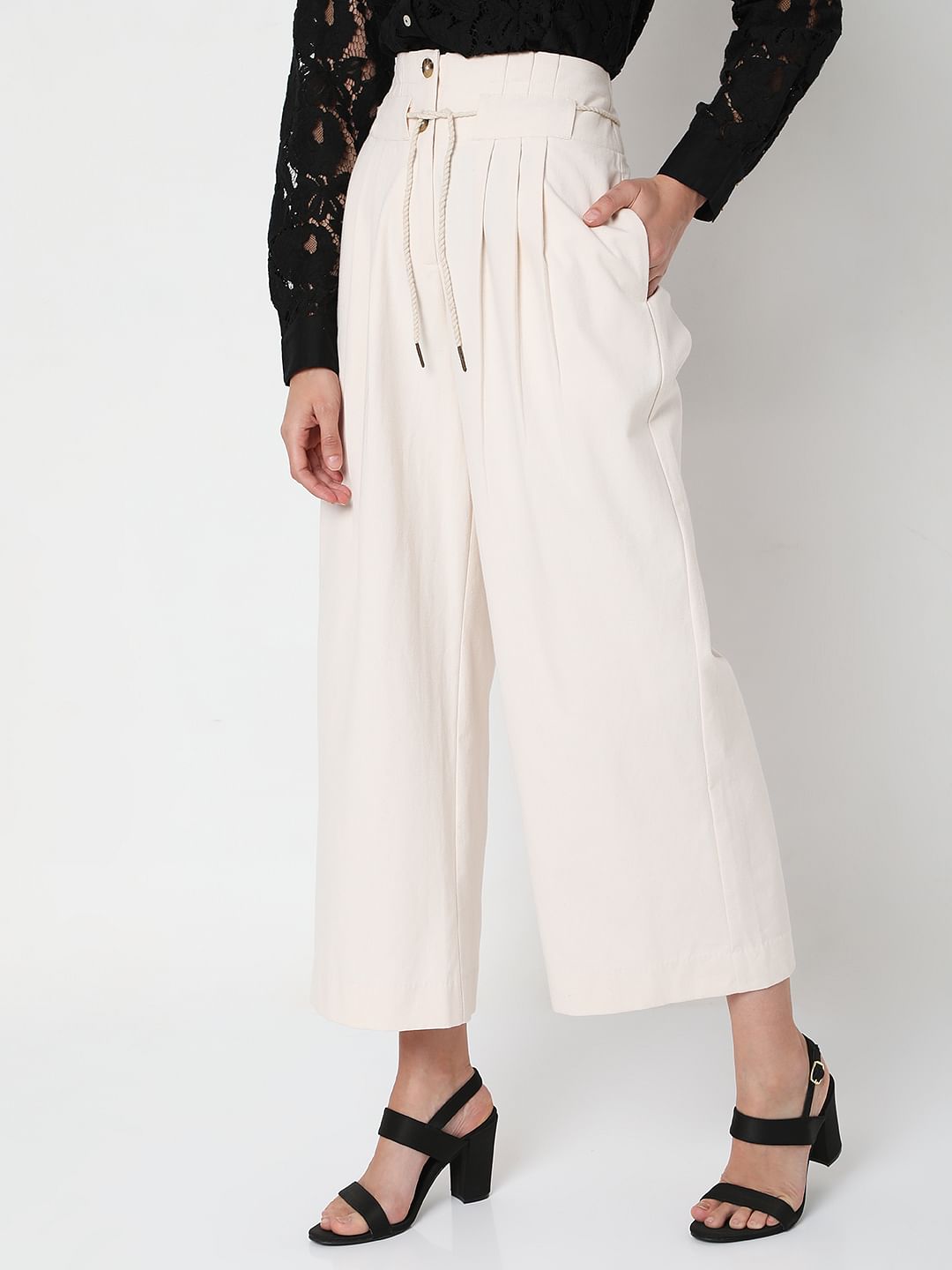 Beige High Rise Pleated Pants