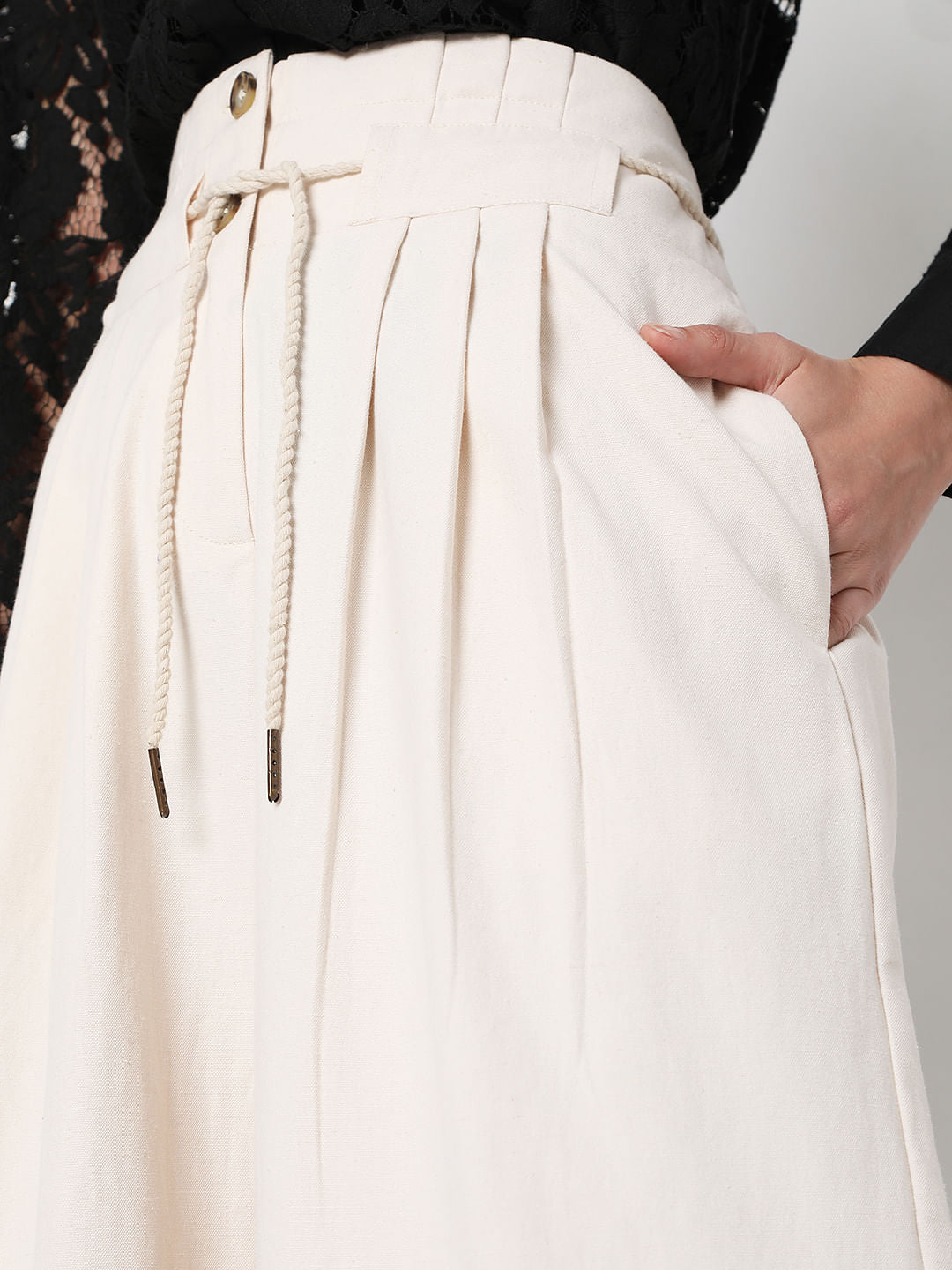 Beige High Rise Pleated Pants