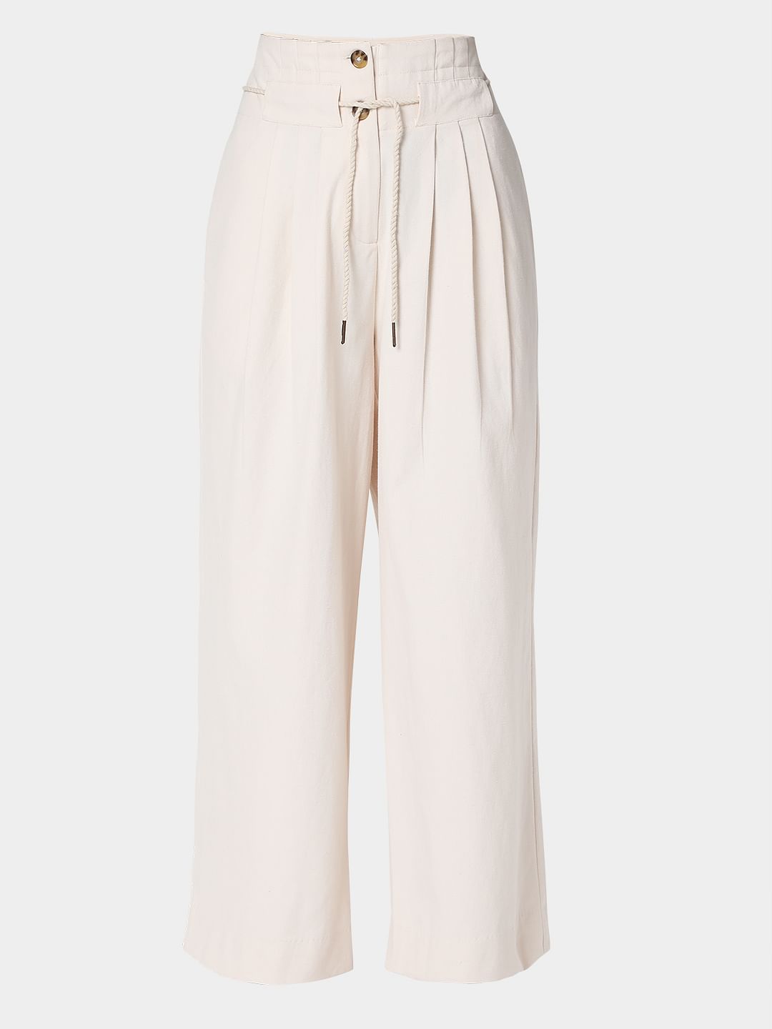 Beige High Rise Pleated Pants