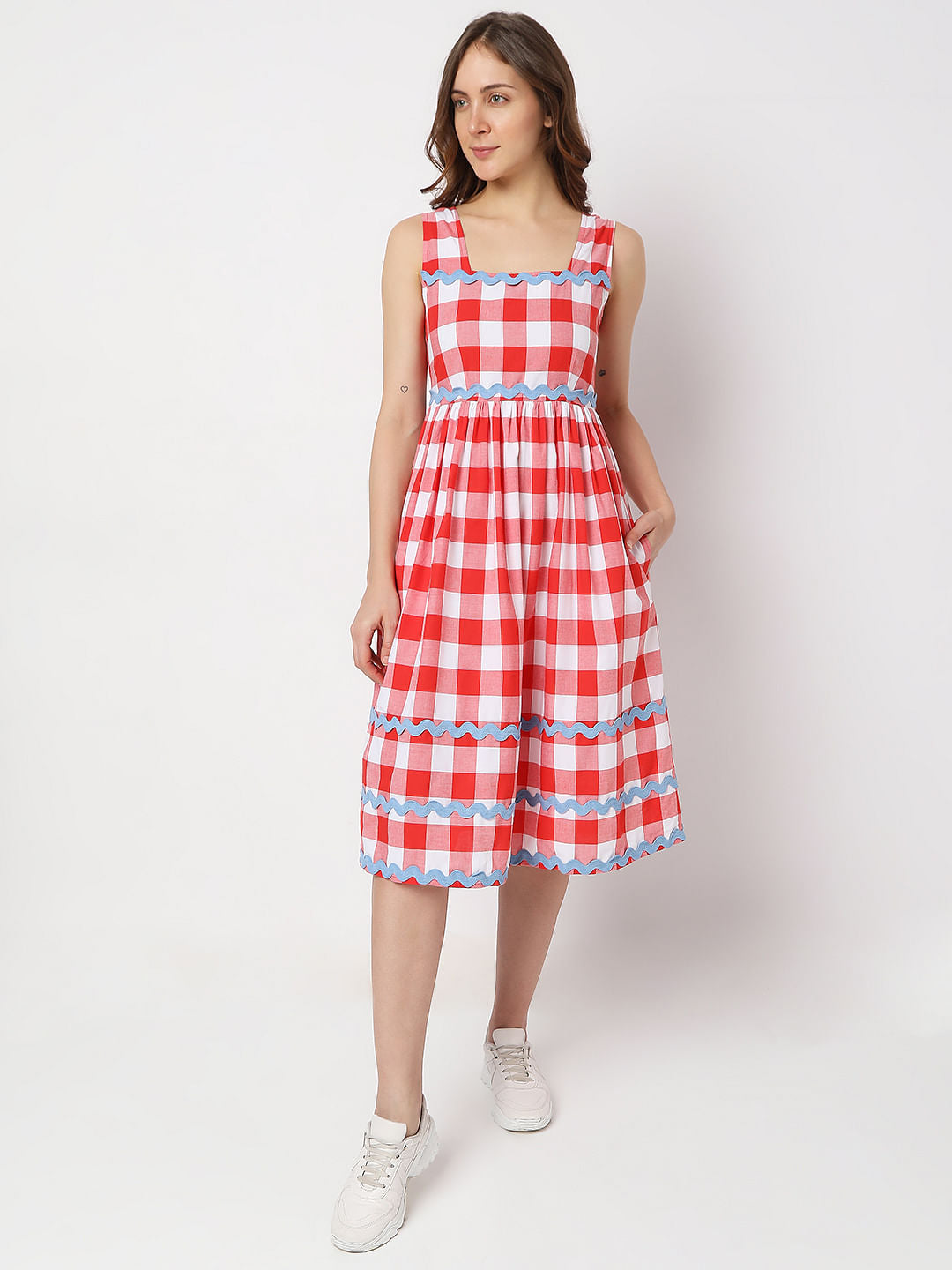 Red Check Midi Dress