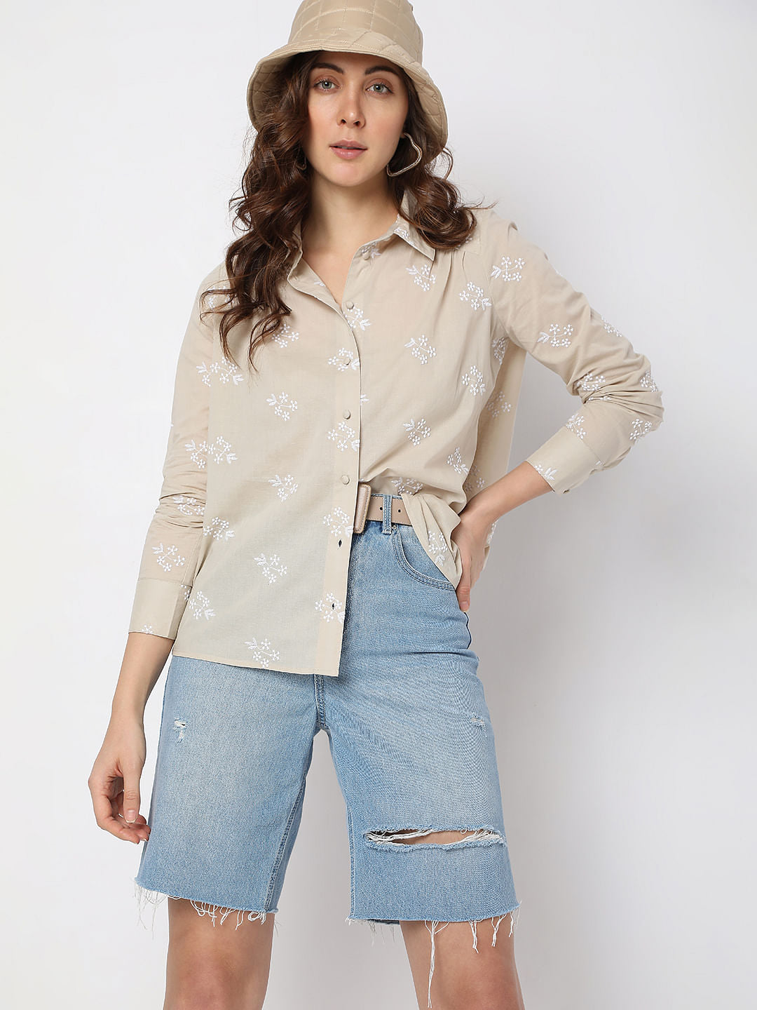 Beige Floral Embroidered Shirt