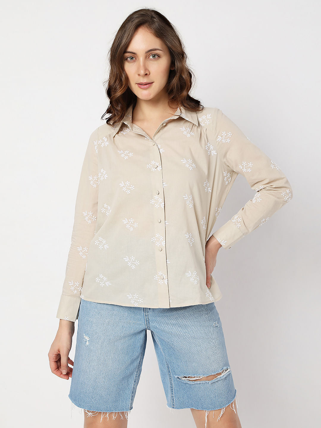Beige Floral Embroidered Shirt