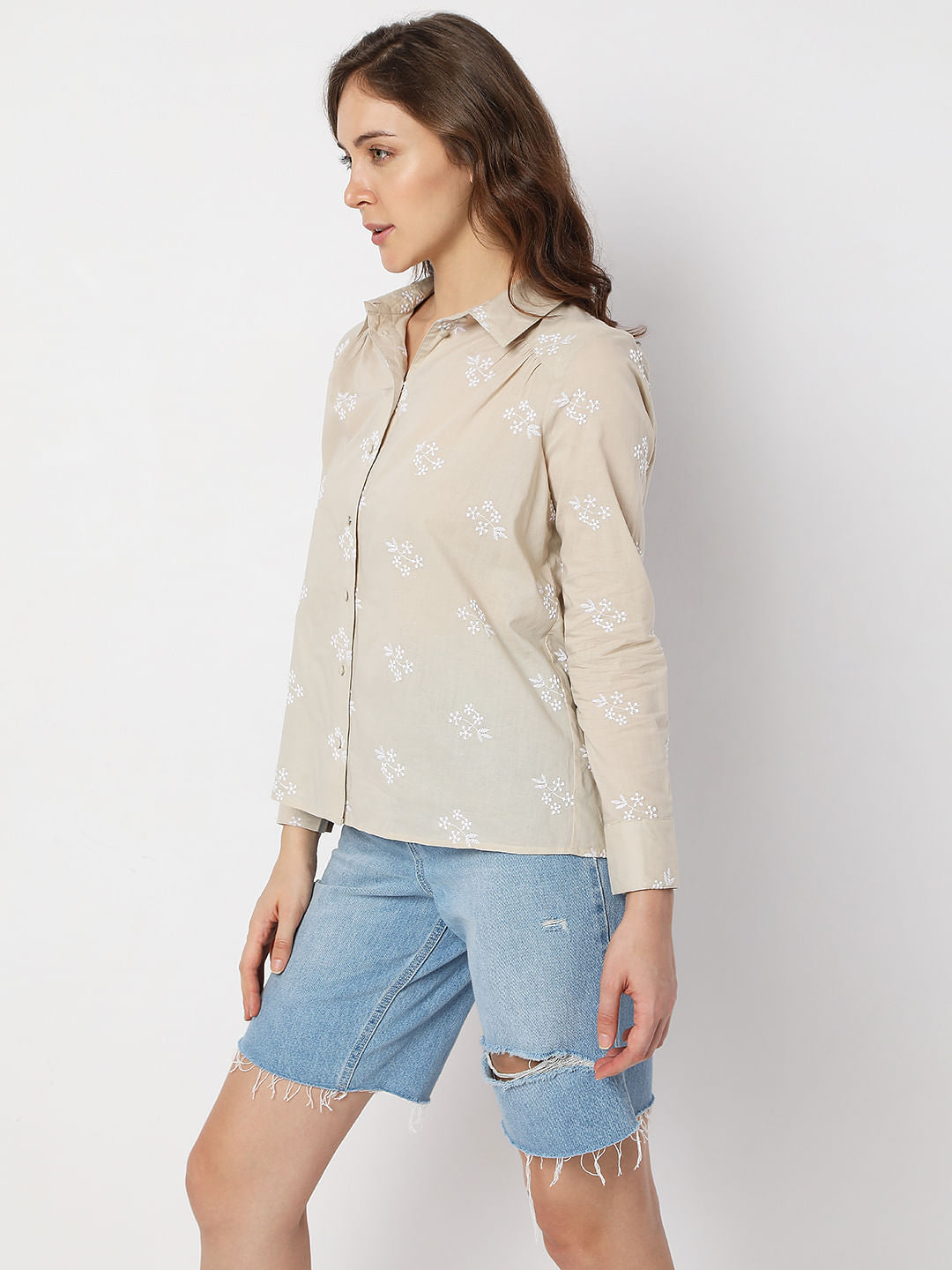 Beige Floral Embroidered Shirt