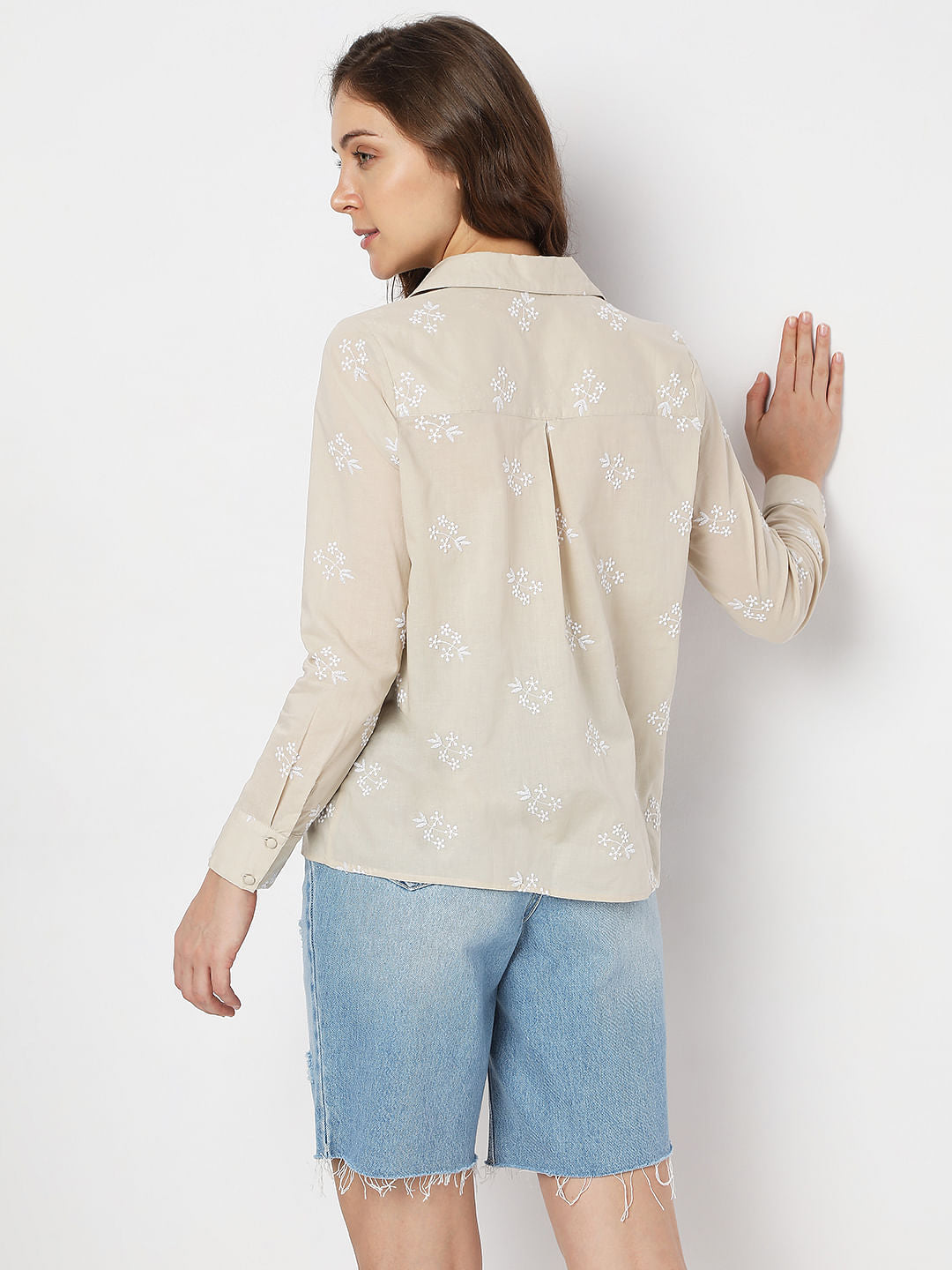 Beige Floral Embroidered Shirt
