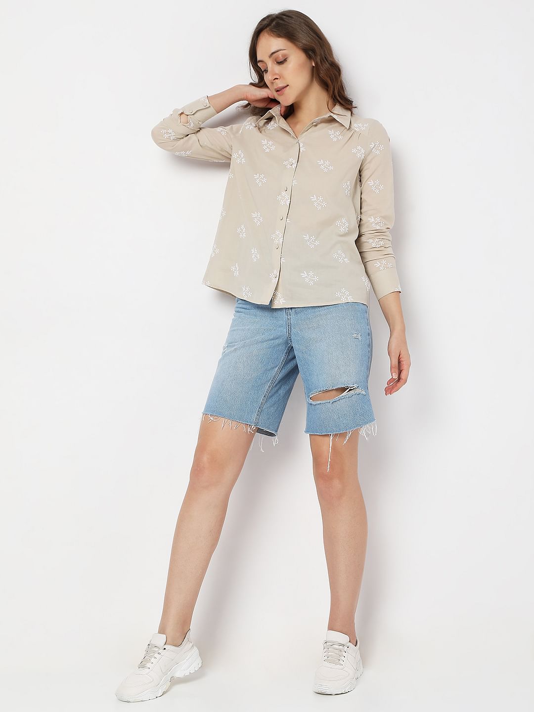Beige Floral Embroidered Shirt