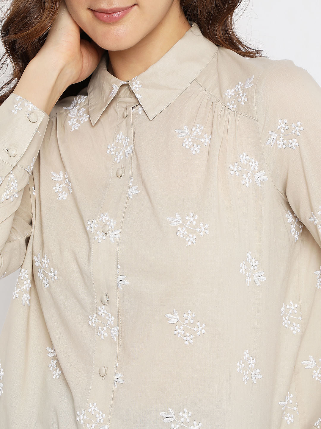 Beige Floral Embroidered Shirt