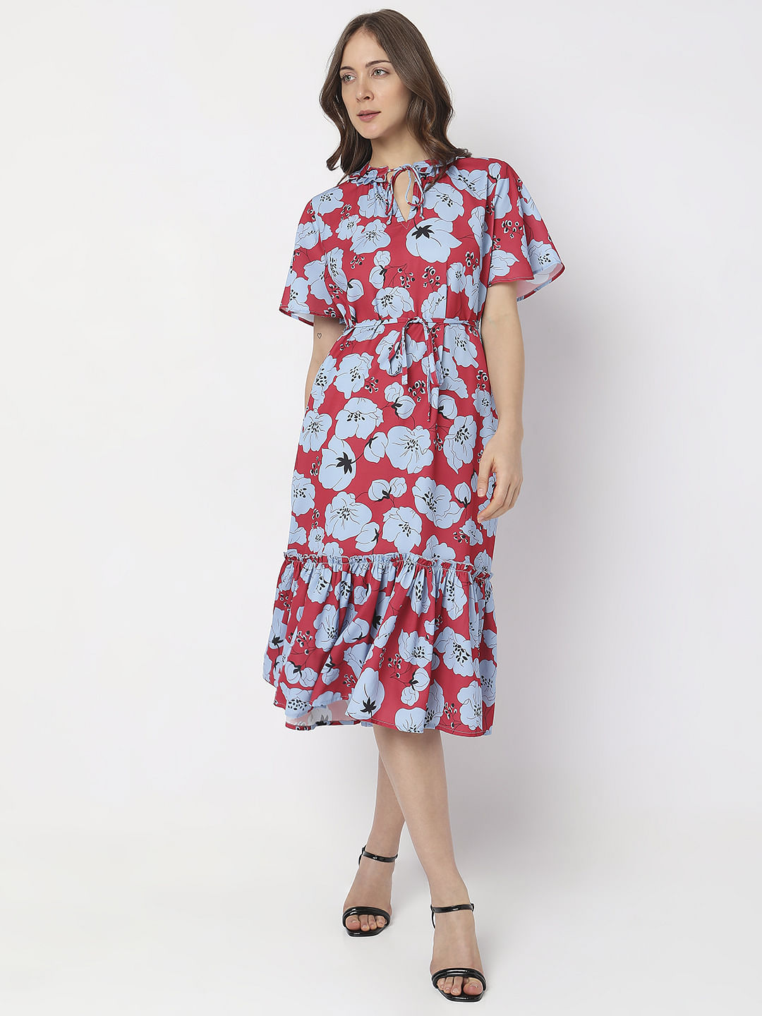 Red Floral Midi Dress