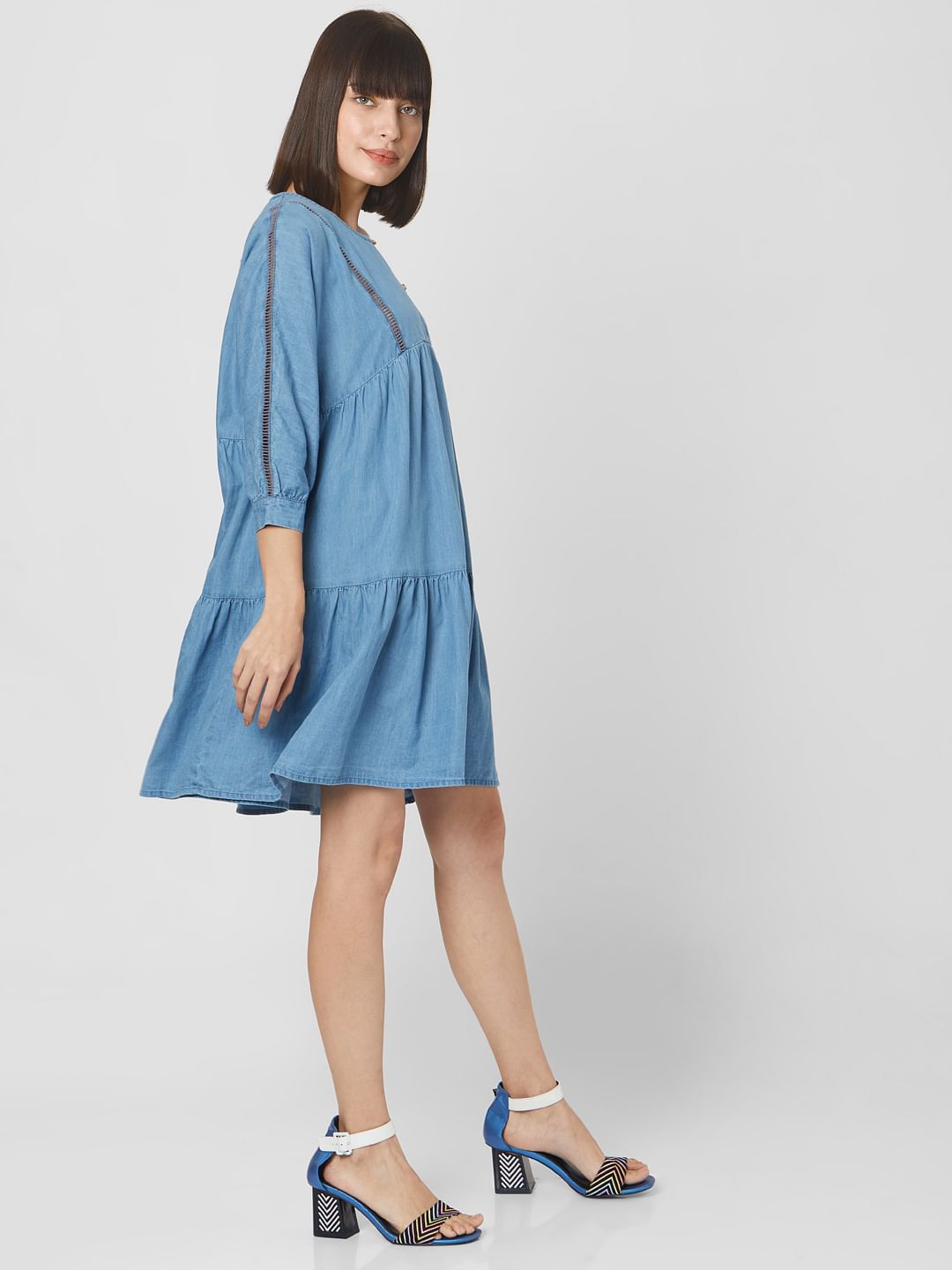 Blue Denim Tiered Shift Dress