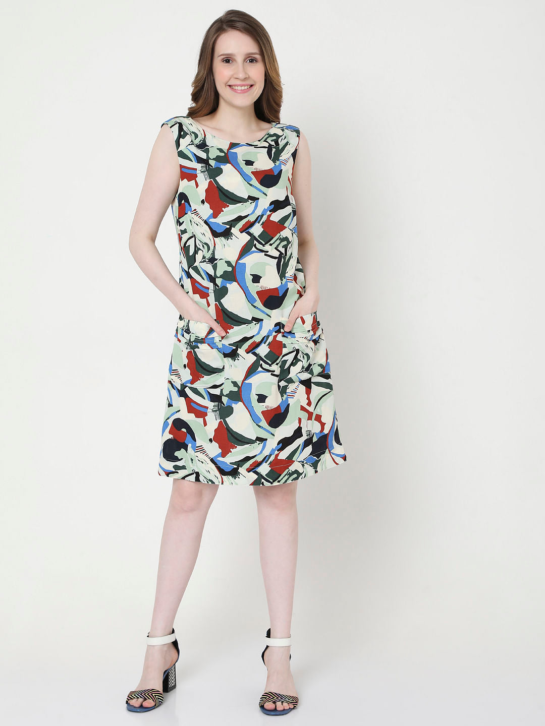 Beige Abstract Print Shift Dress