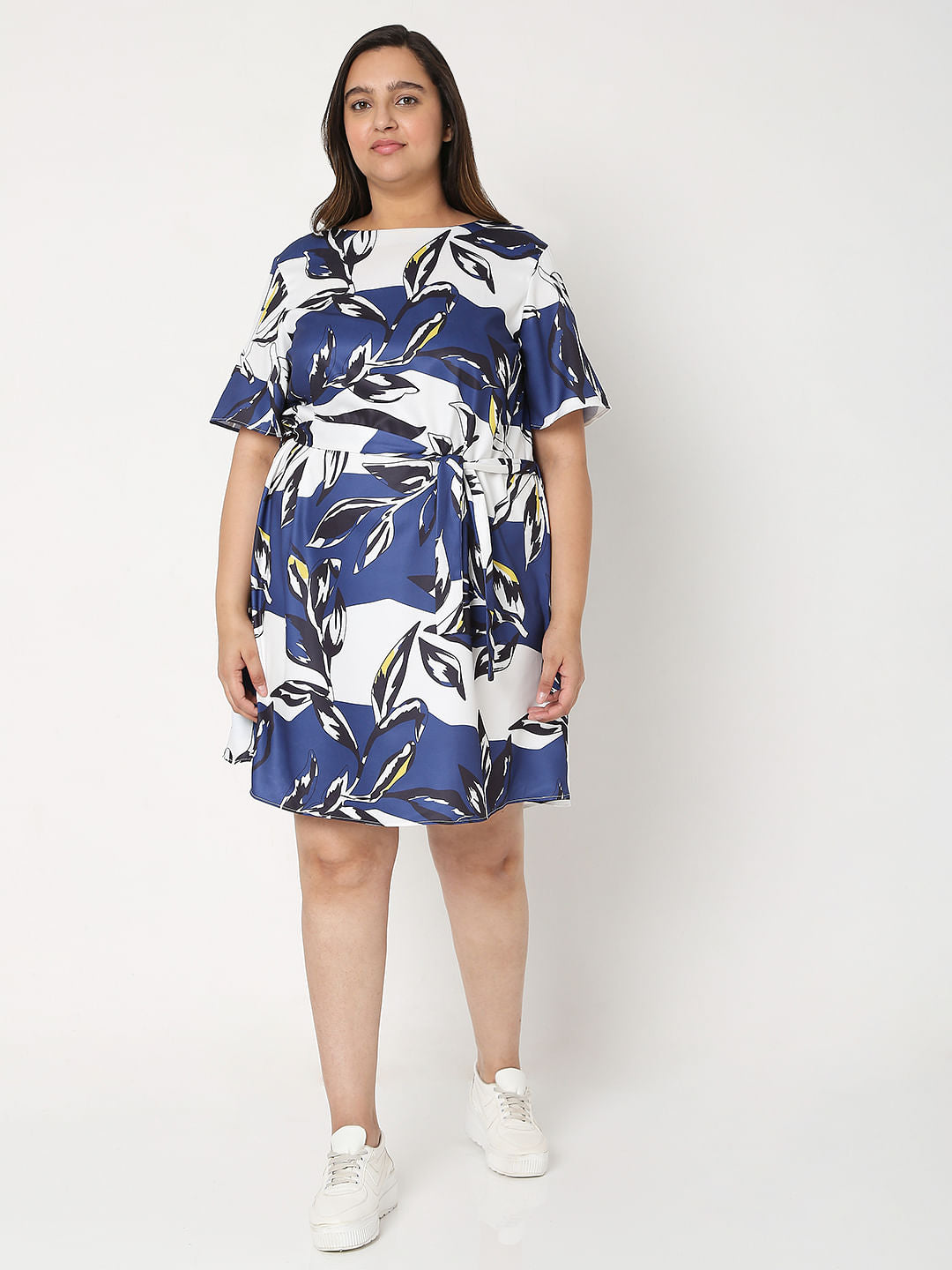 Curve White Printed Fit & Flare Dress