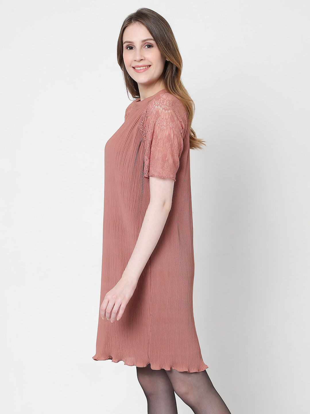 Pink Pleated Lace Dress