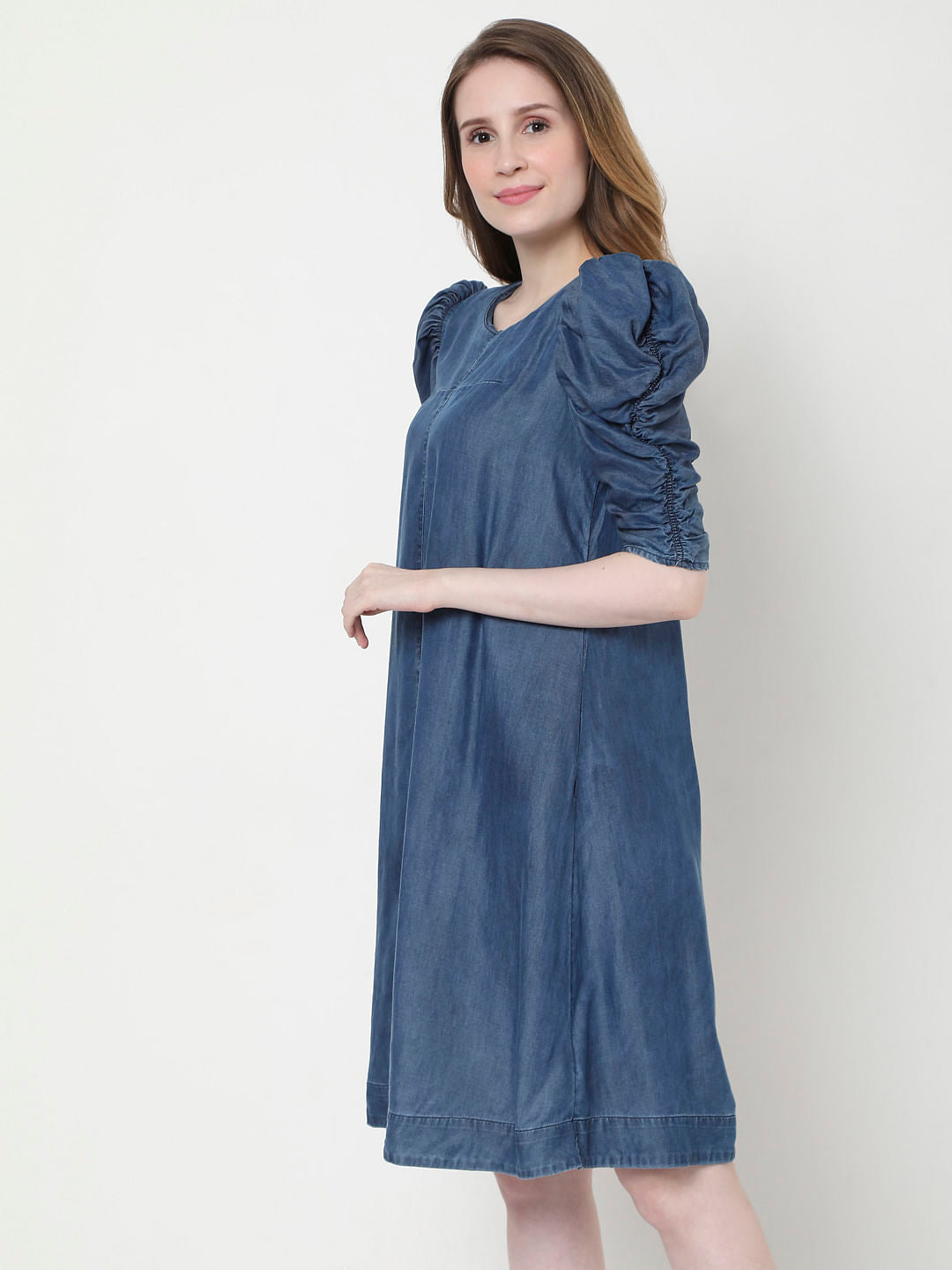 Blue Puff Sleeves Shift Dress