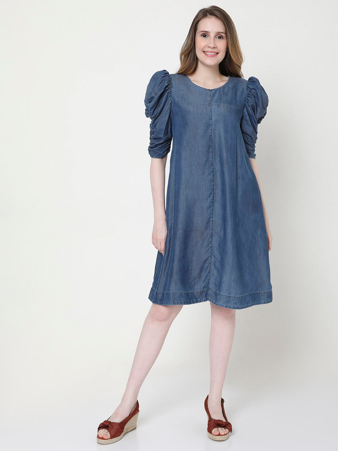Blue Puff Sleeves Shift Dress