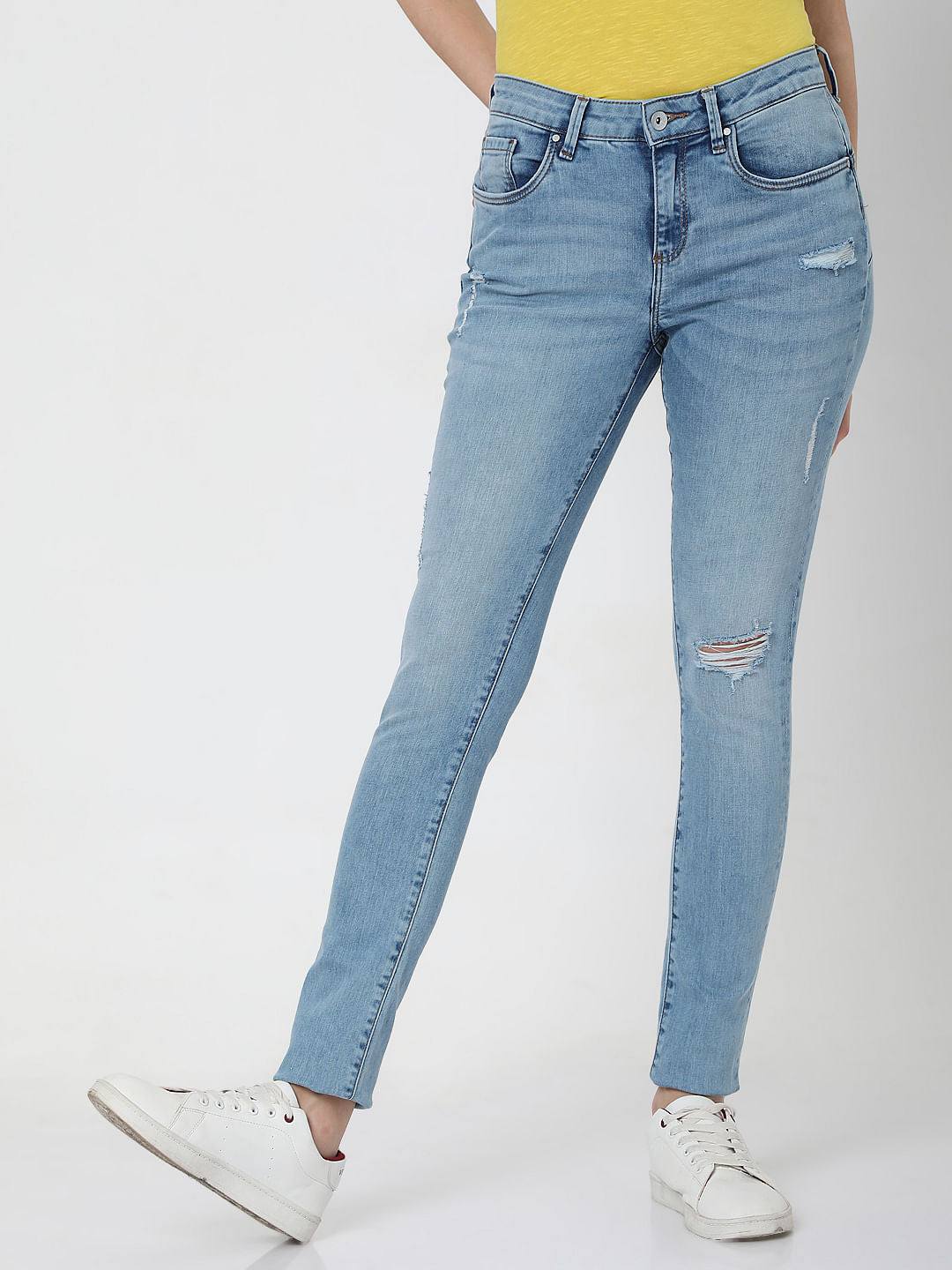 Light Blue Mid Rise Ripped Pushup Skinny Jeans - 26