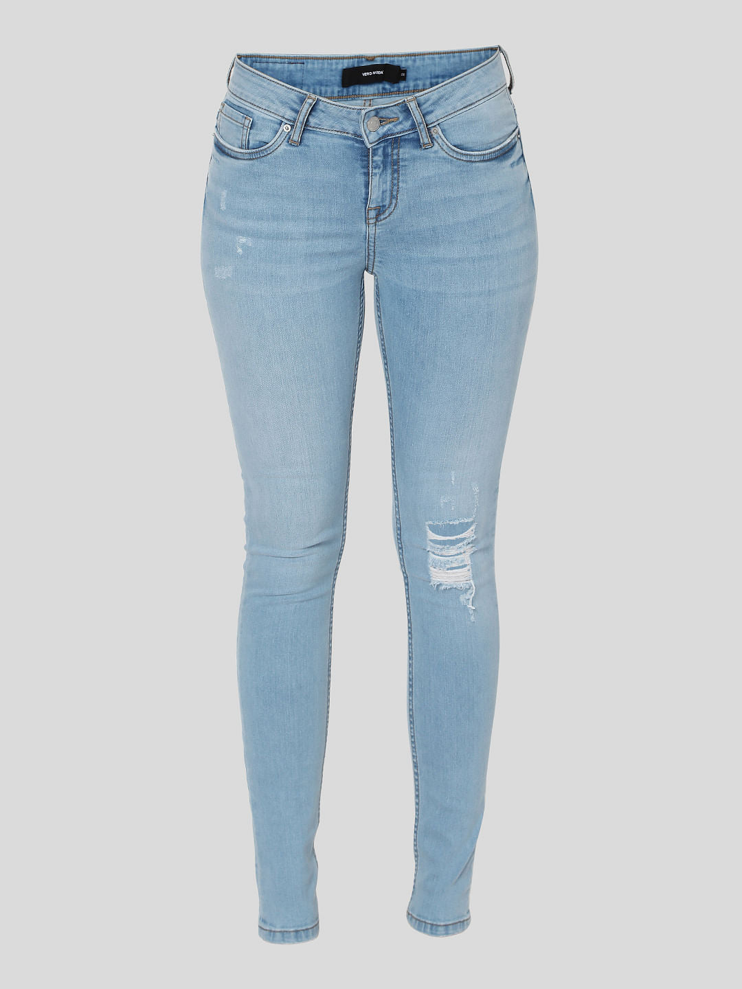 Light Blue Mid Rise Distressed Skinny Jeans