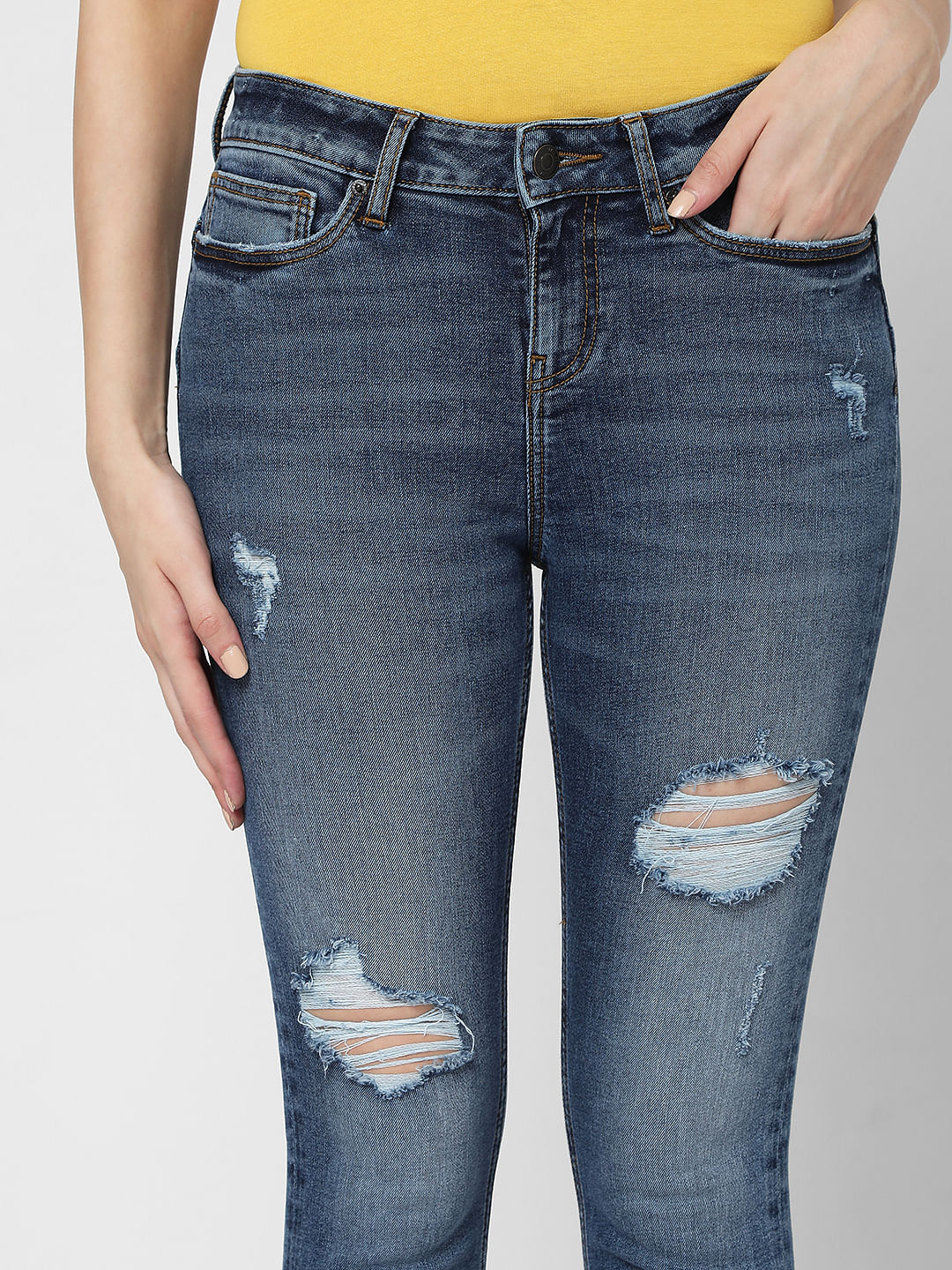Blue Mid Rise Ripped Skinny Jeans