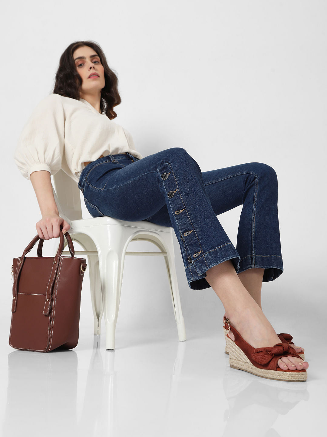 Blue Mid Rise Slit Ankle Bootcut Jeans