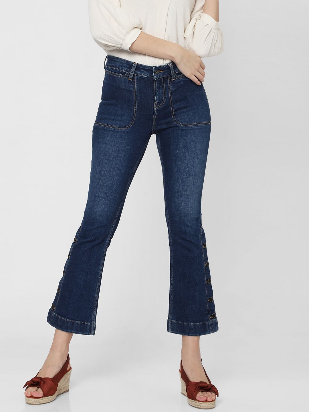 Blue Mid Rise Slit Ankle Bootcut Jeans
