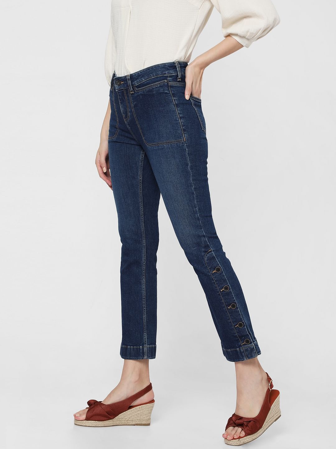 Blue Mid Rise Slit Ankle Bootcut Jeans