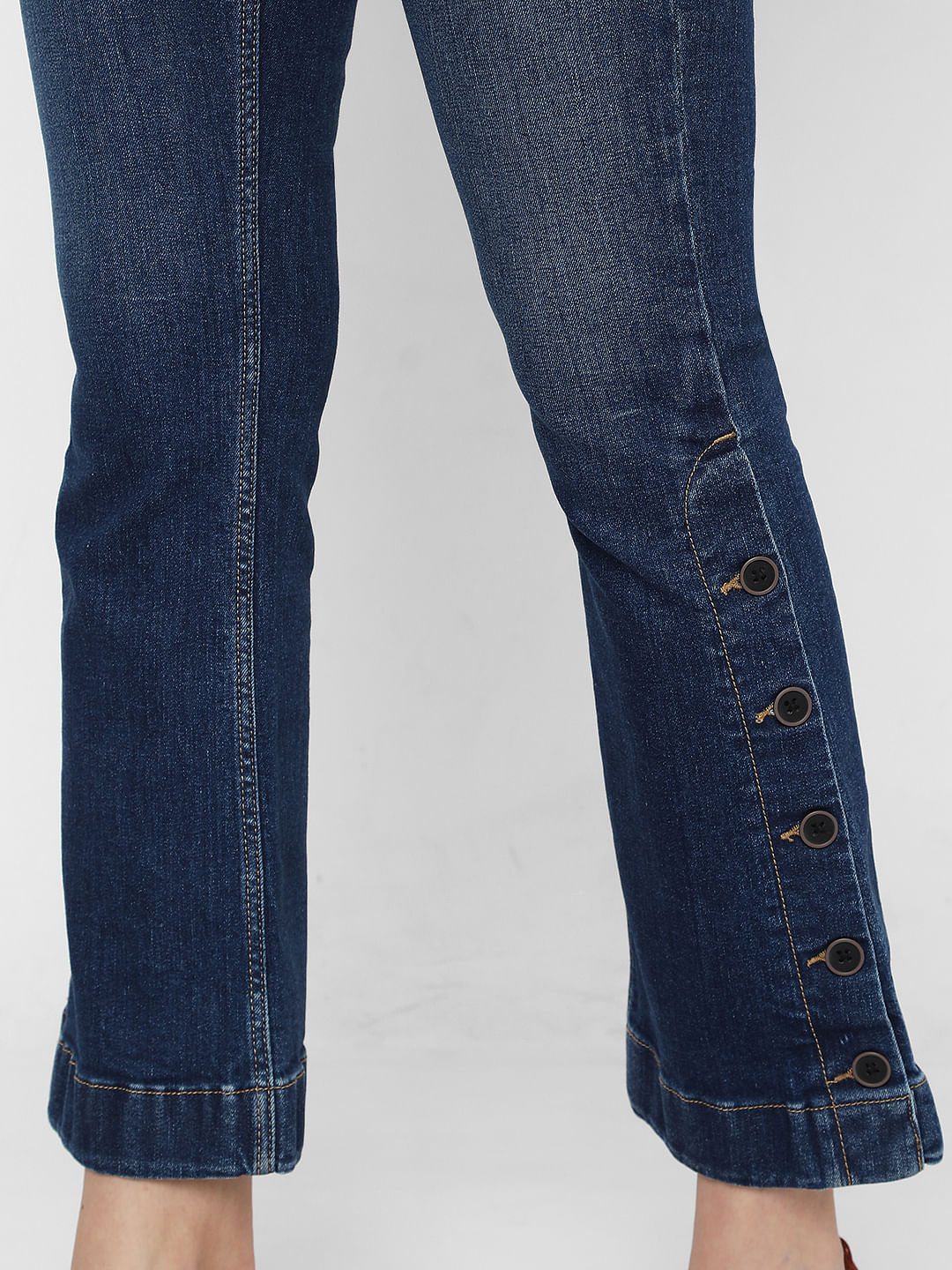 Blue Mid Rise Slit Ankle Bootcut Jeans