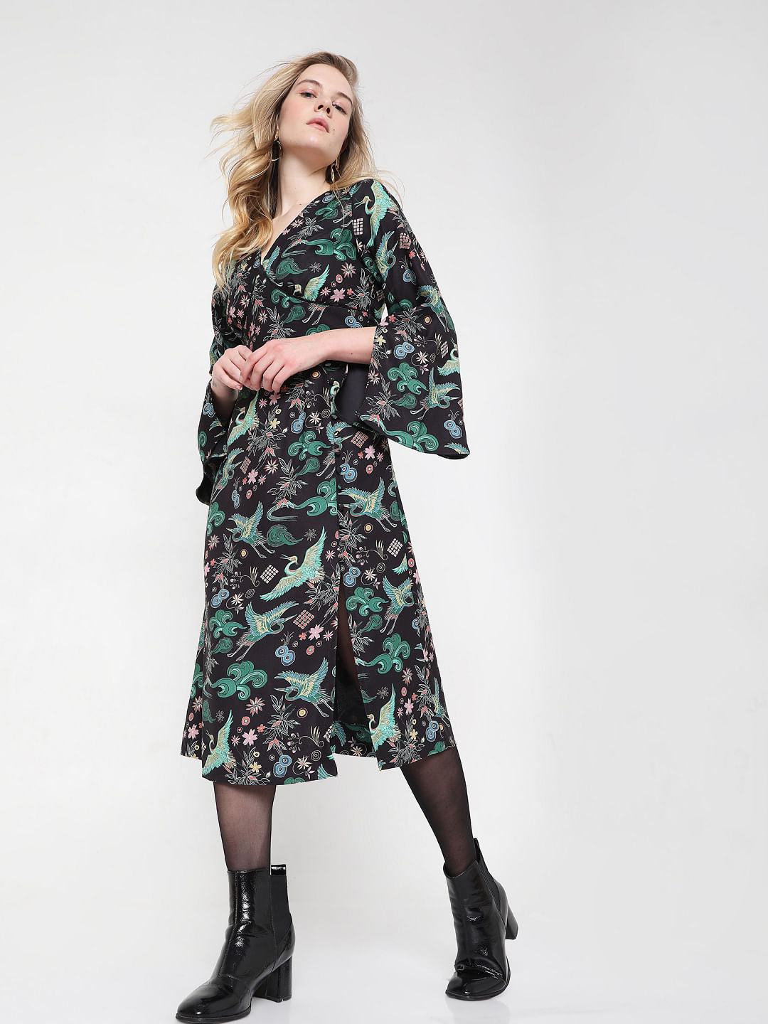 Black Printed Kimono Dress