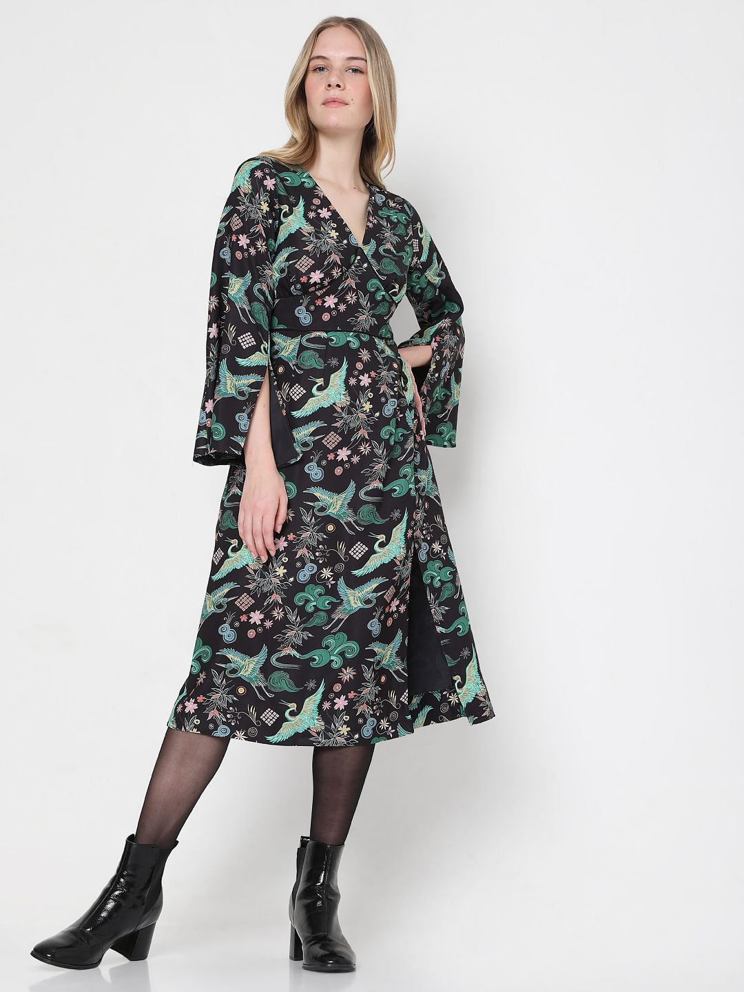 Black Printed Kimono Dress