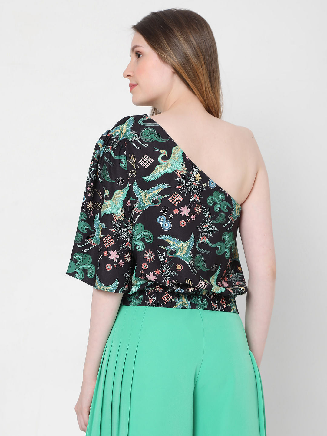 Black Japanese Inspired Print One Shoulder Top