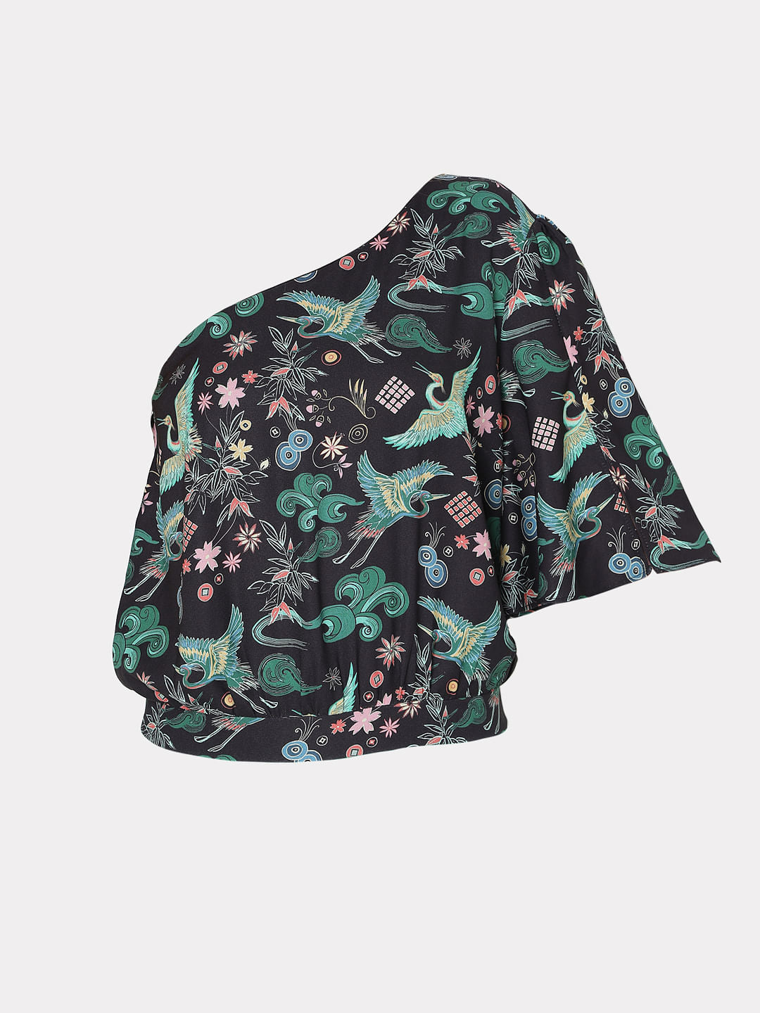 Black Japanese Inspired Print One Shoulder Top