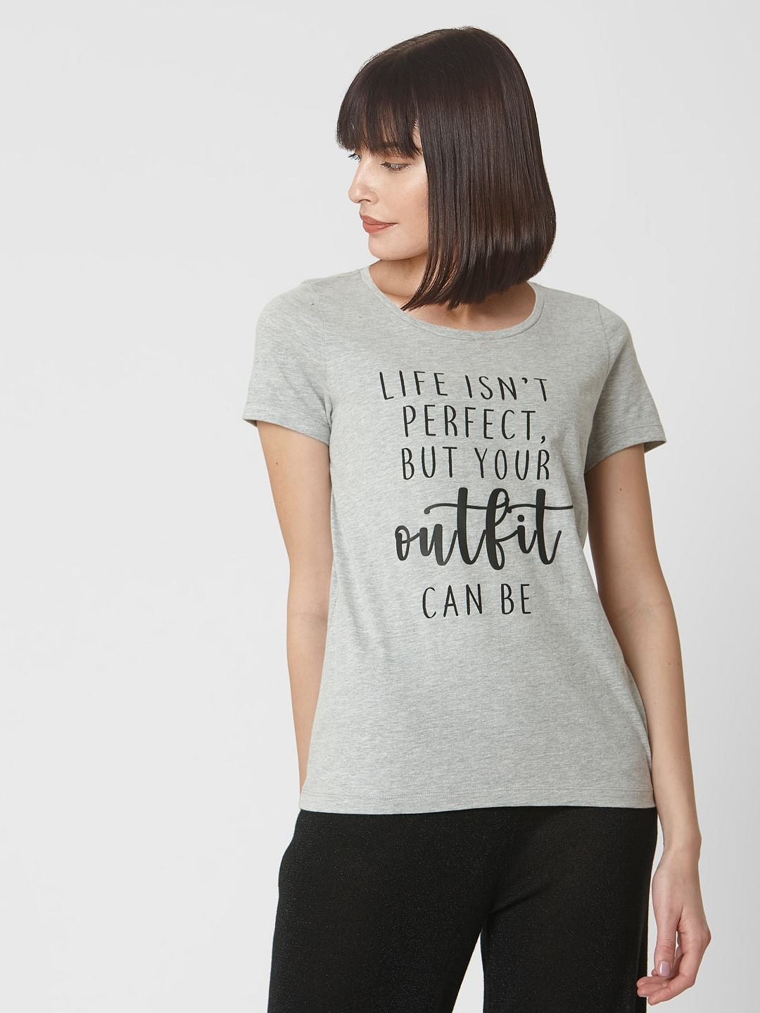 Grey Text Print T-Shirt