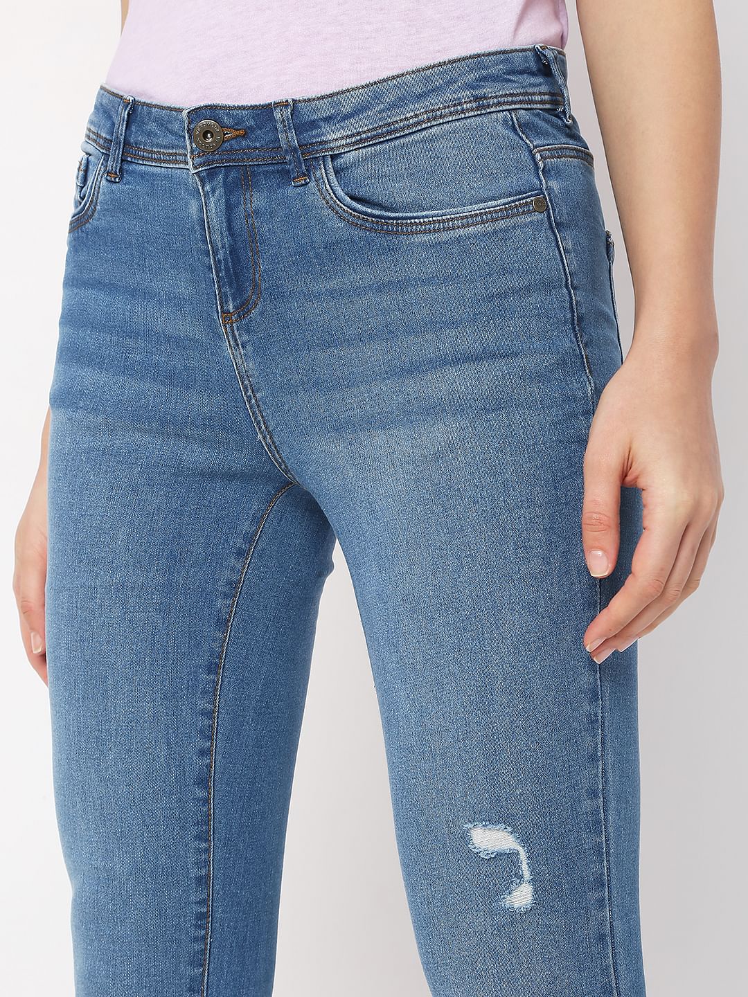 Blue Mid Rise Distressed Wendy Skinny Jeans