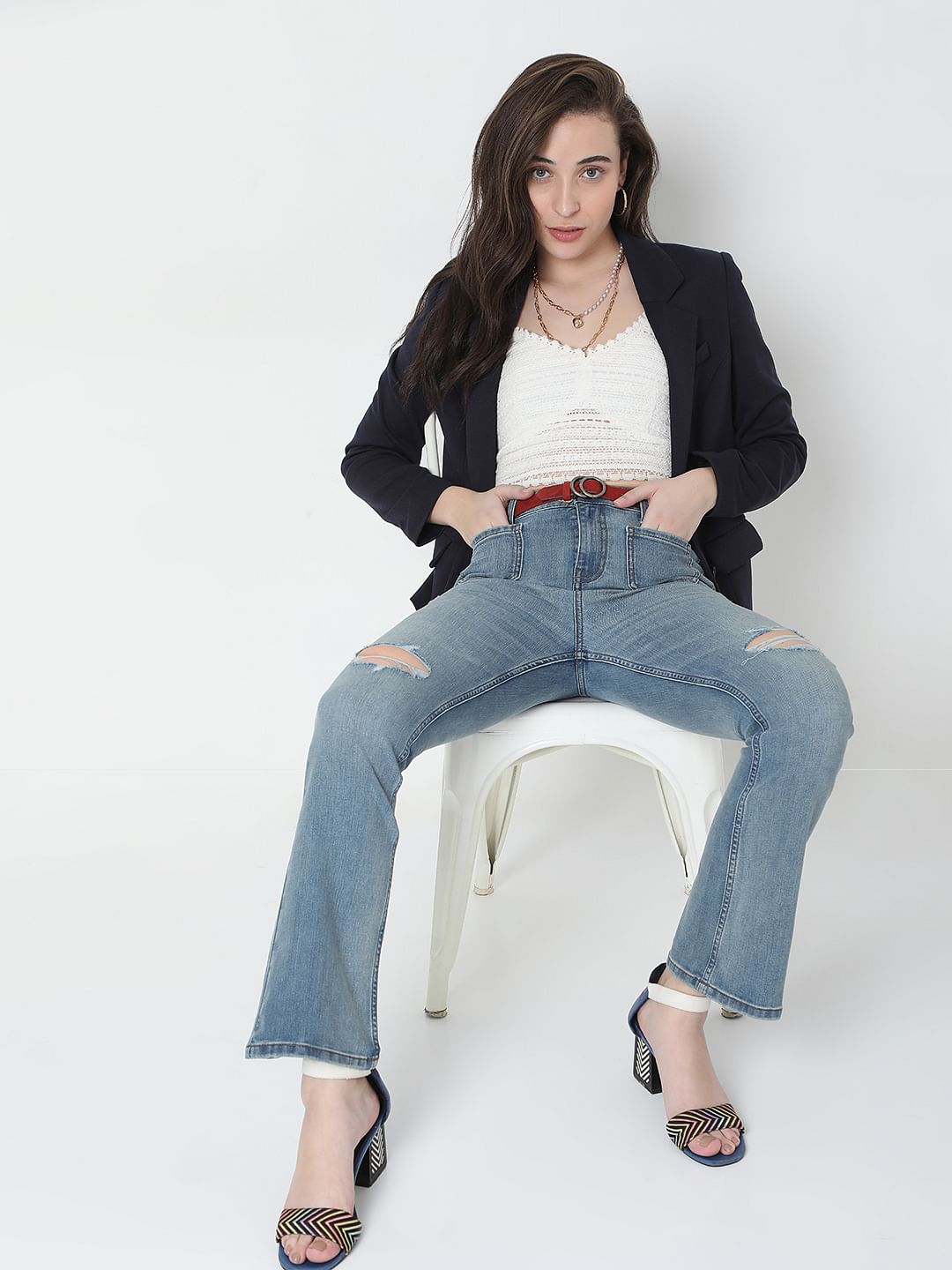 Blue High Rise Ripped Petra Bootcut Jeans