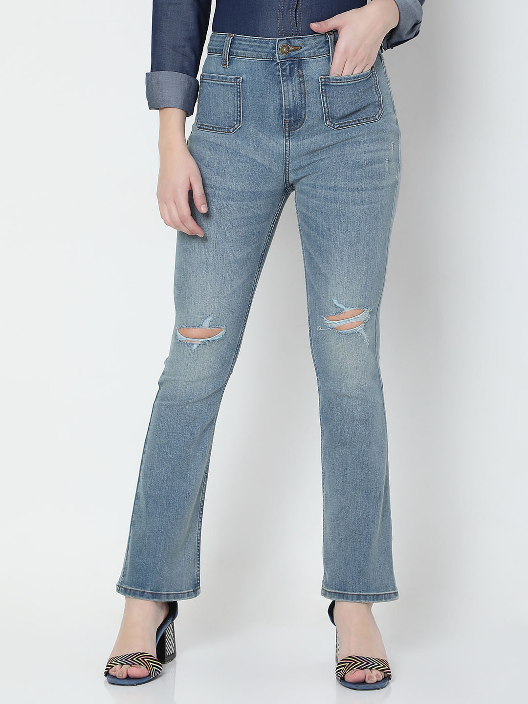 Blue High Rise Ripped Petra Bootcut Jeans