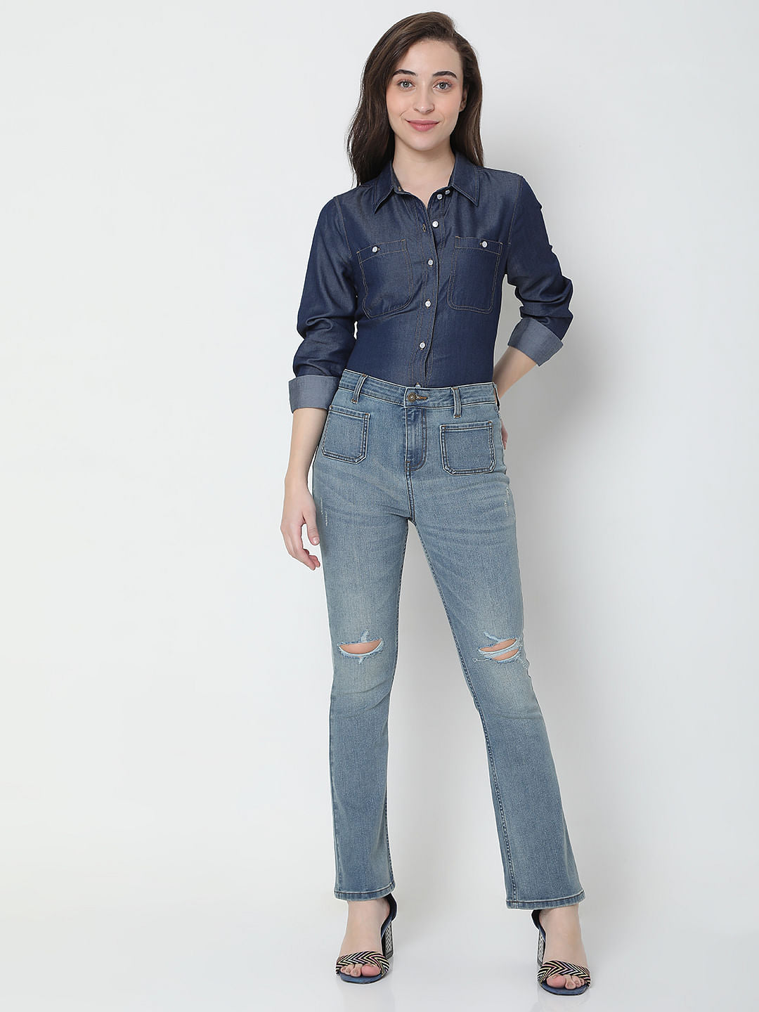 Blue High Rise Ripped Petra Bootcut Jeans