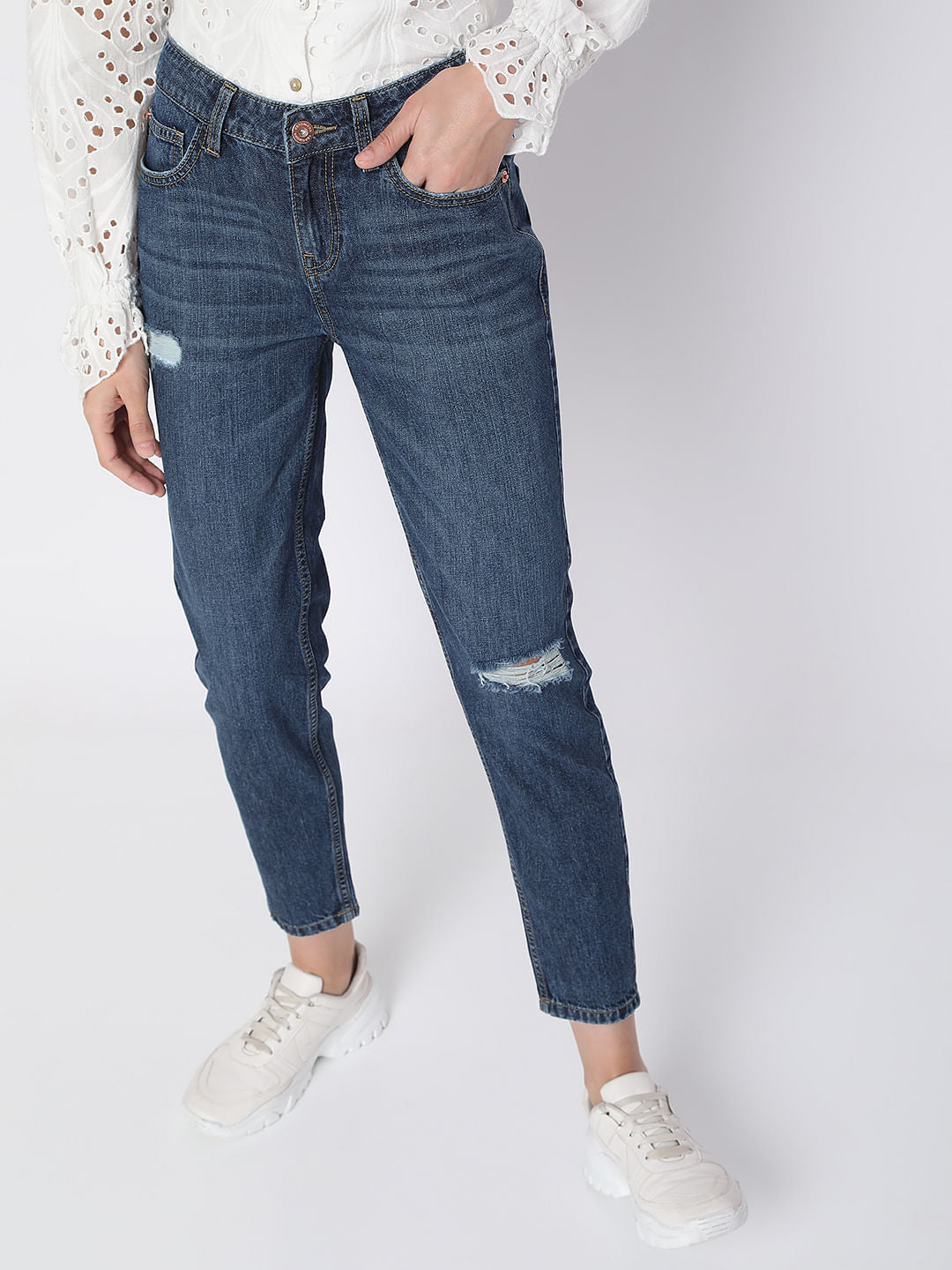 Blue Mid Rise Distressed Jade Straight Fit Jeans
