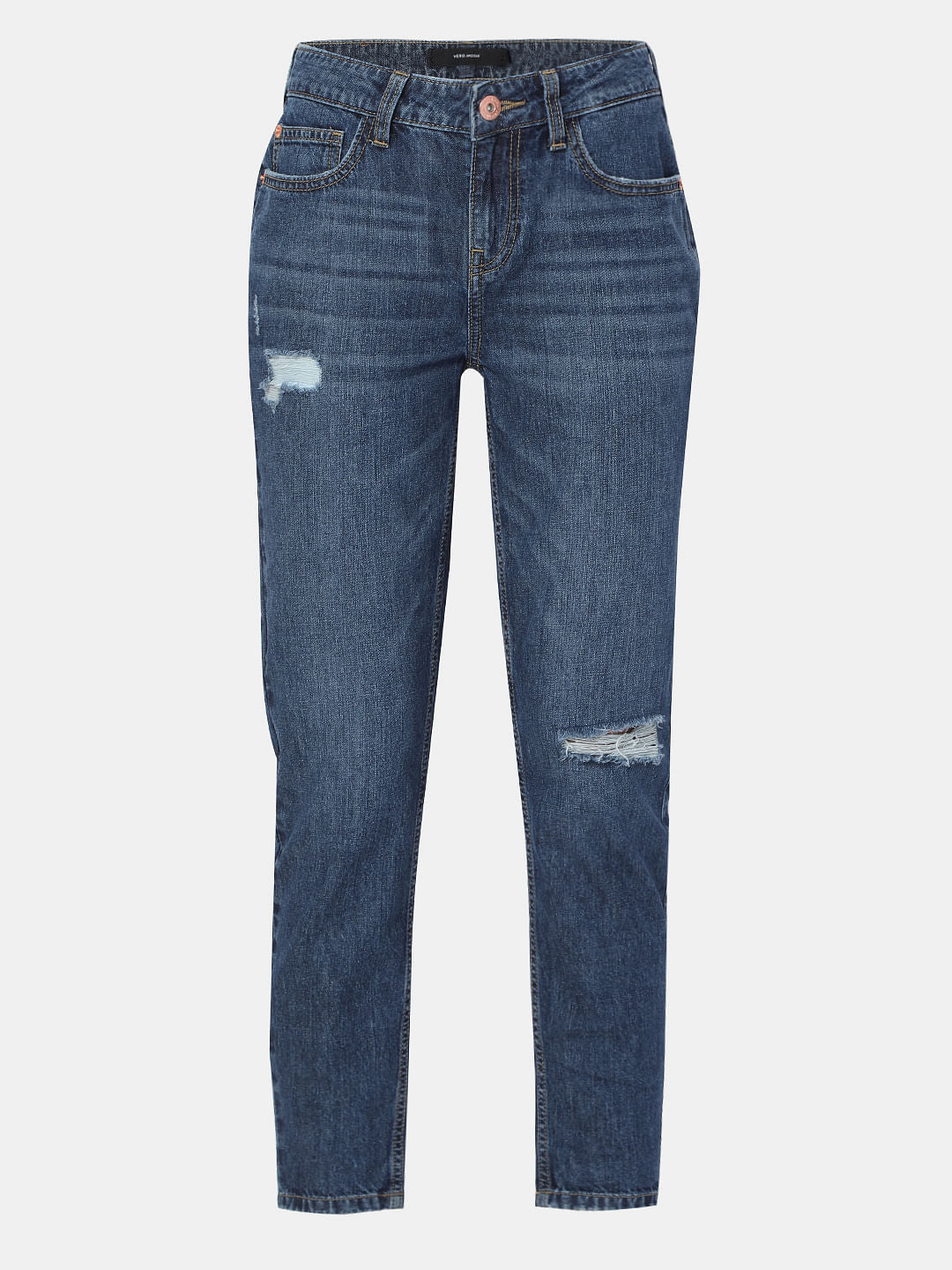 Blue Mid Rise Distressed Jade Straight Fit Jeans