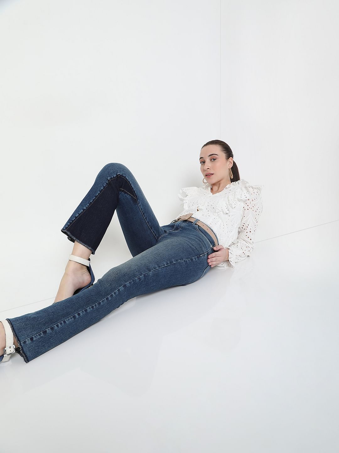 Blue High Rise Panel Detail Petra Bootcut Jeans