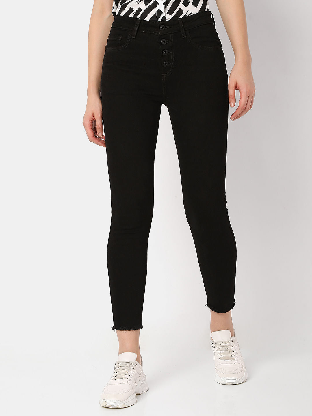 Black High Rise Buttoned Wendy Skinny Jeans