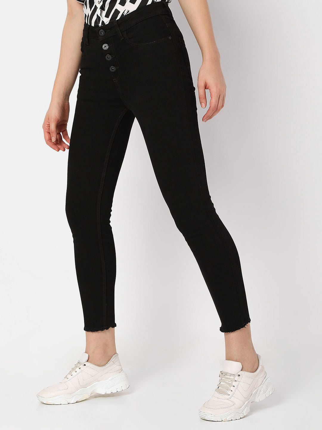 Black High Rise Buttoned Wendy Skinny Jeans