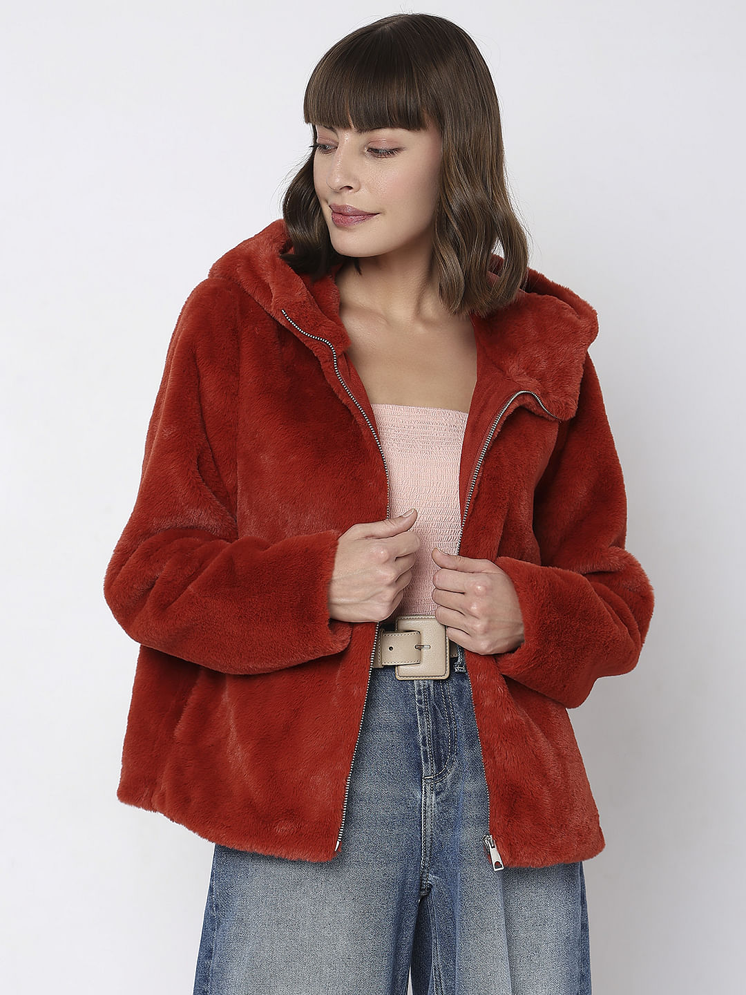 Red Faux Fur Hooded Jacket