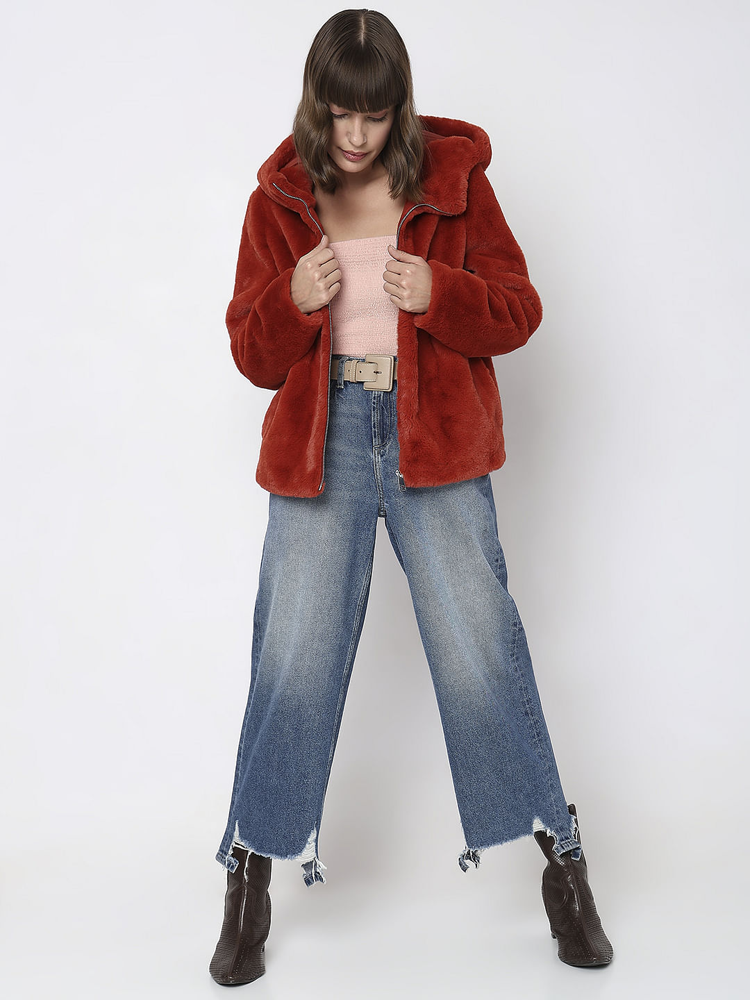 Red Faux Fur Hooded Jacket