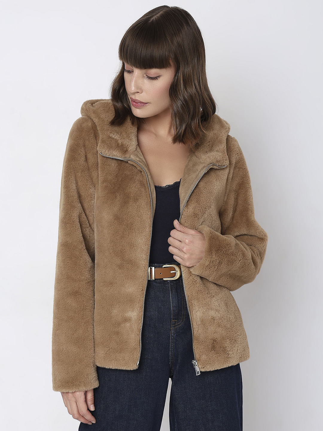 Brown Faux Fur Hooded Jacket