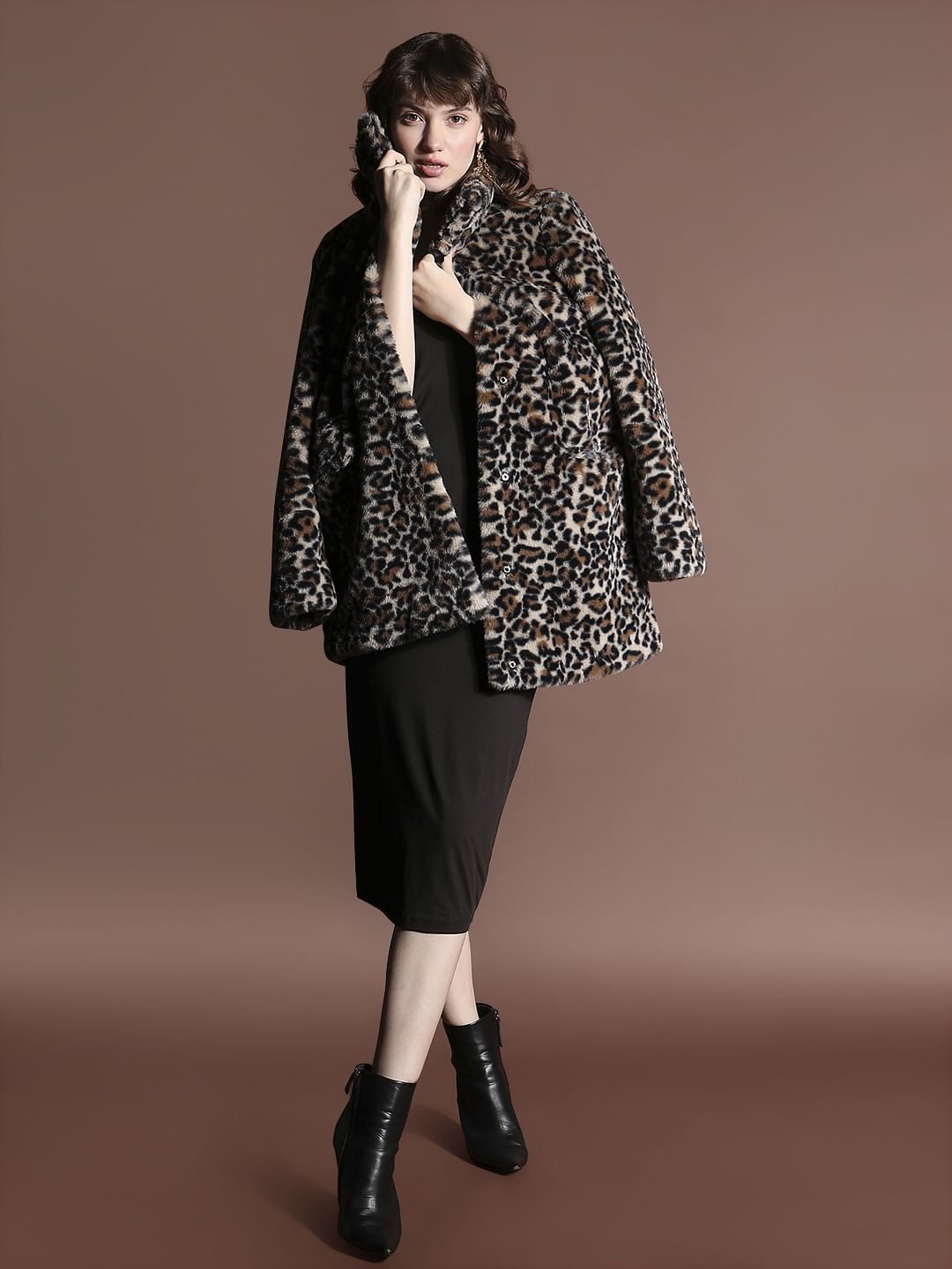 Brown Animal Print Faux Fur Coat