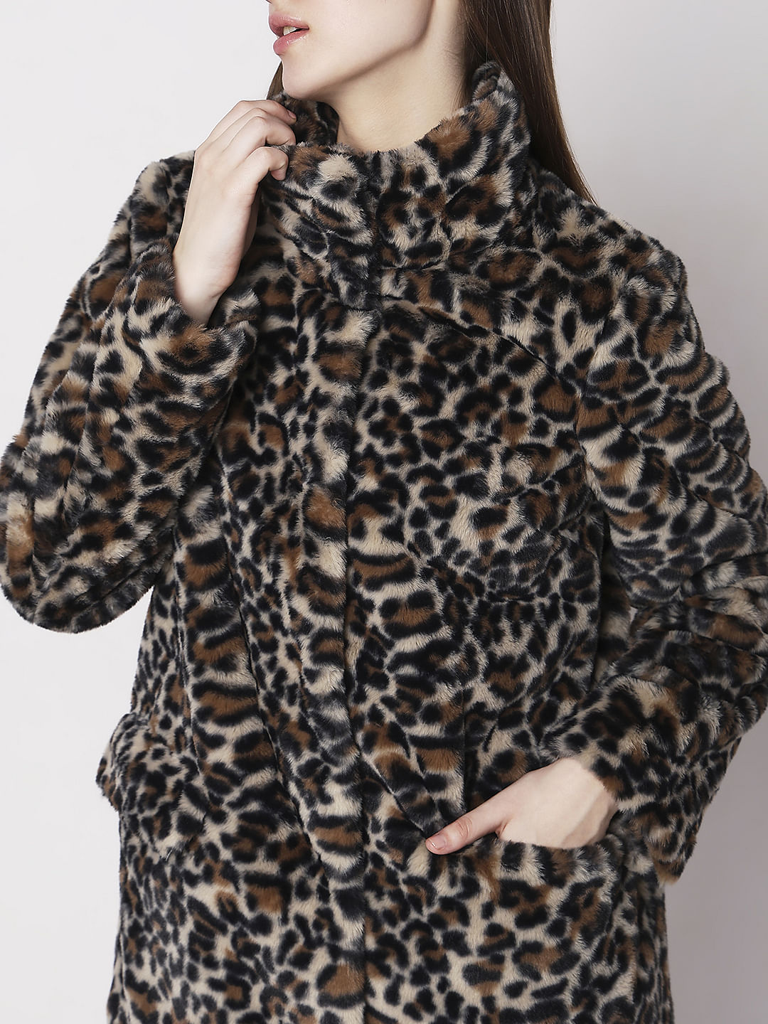 Brown Animal Print Faux Fur Coat