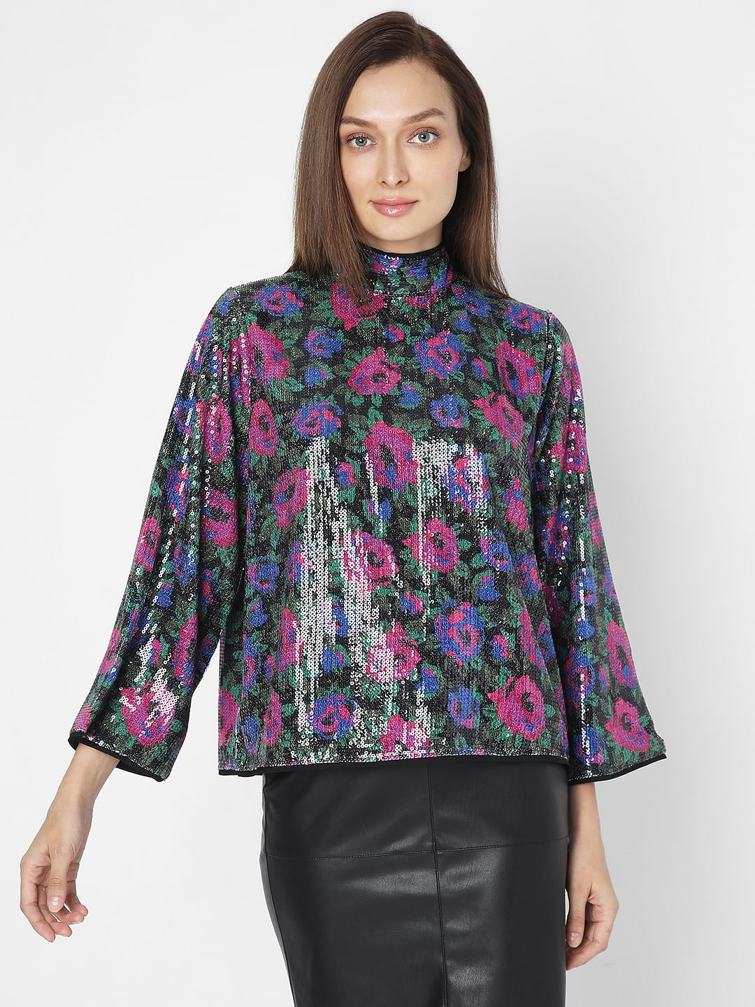 Black Floral Sequin Detail Top