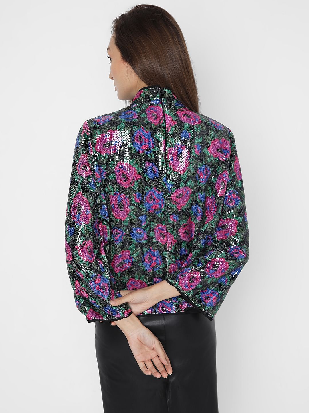 Black Floral Sequin Detail Top