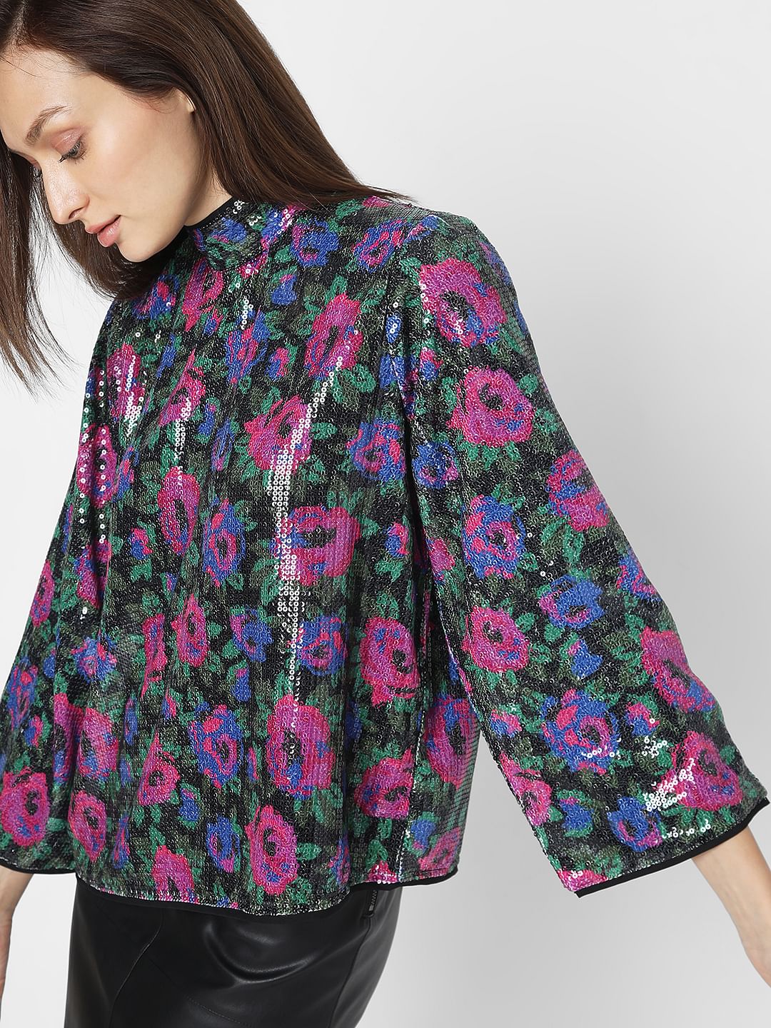 Black Floral Sequin Detail Top