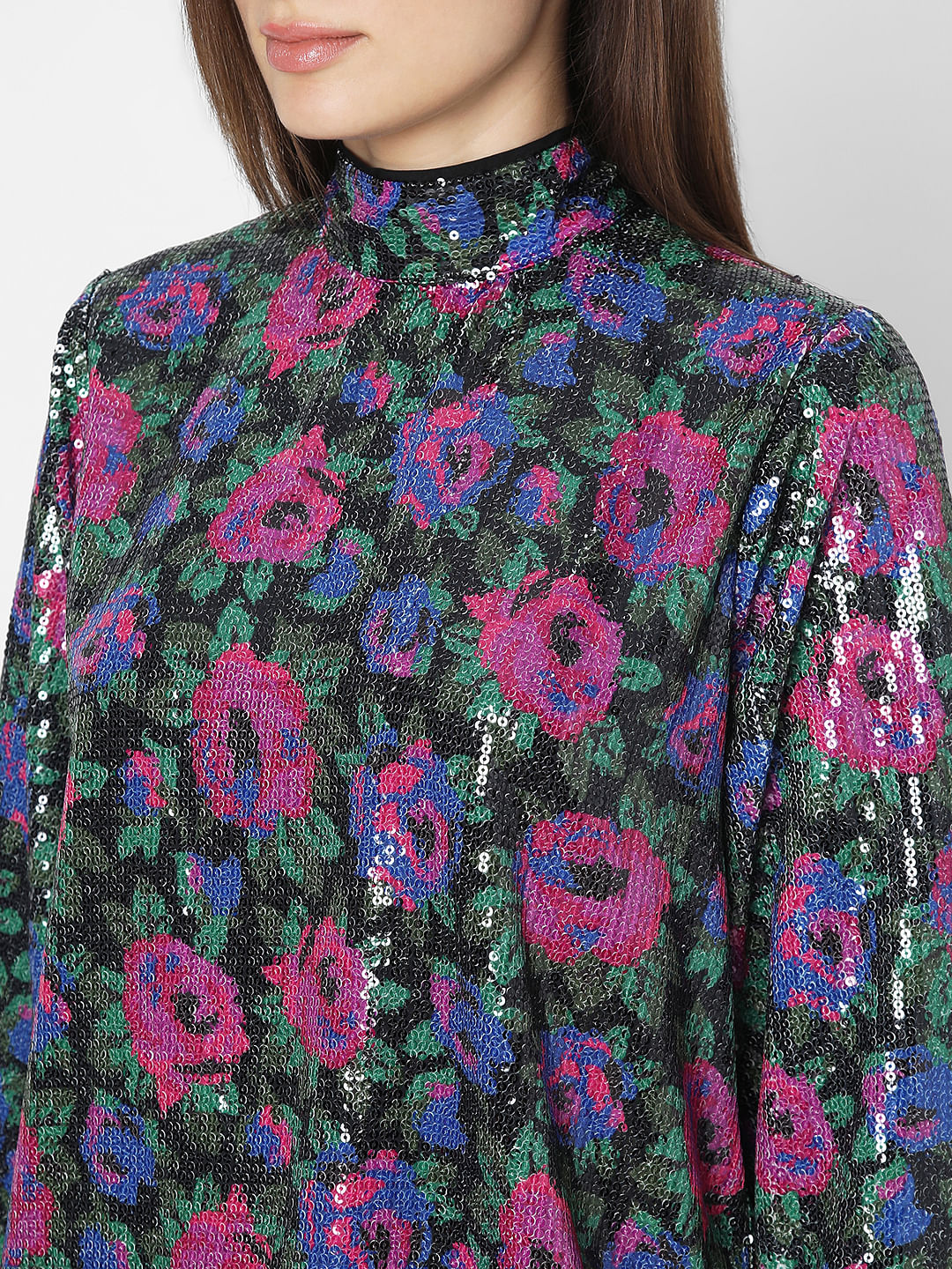 Black Floral Sequin Detail Top