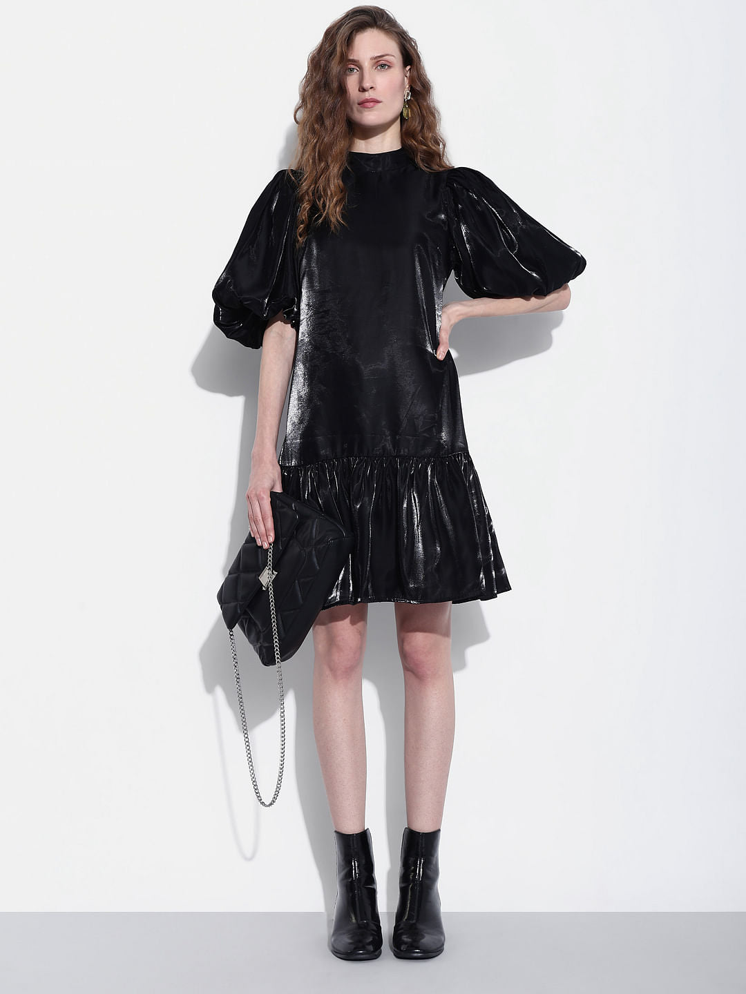 Black Flared Puff Sleeves Dress